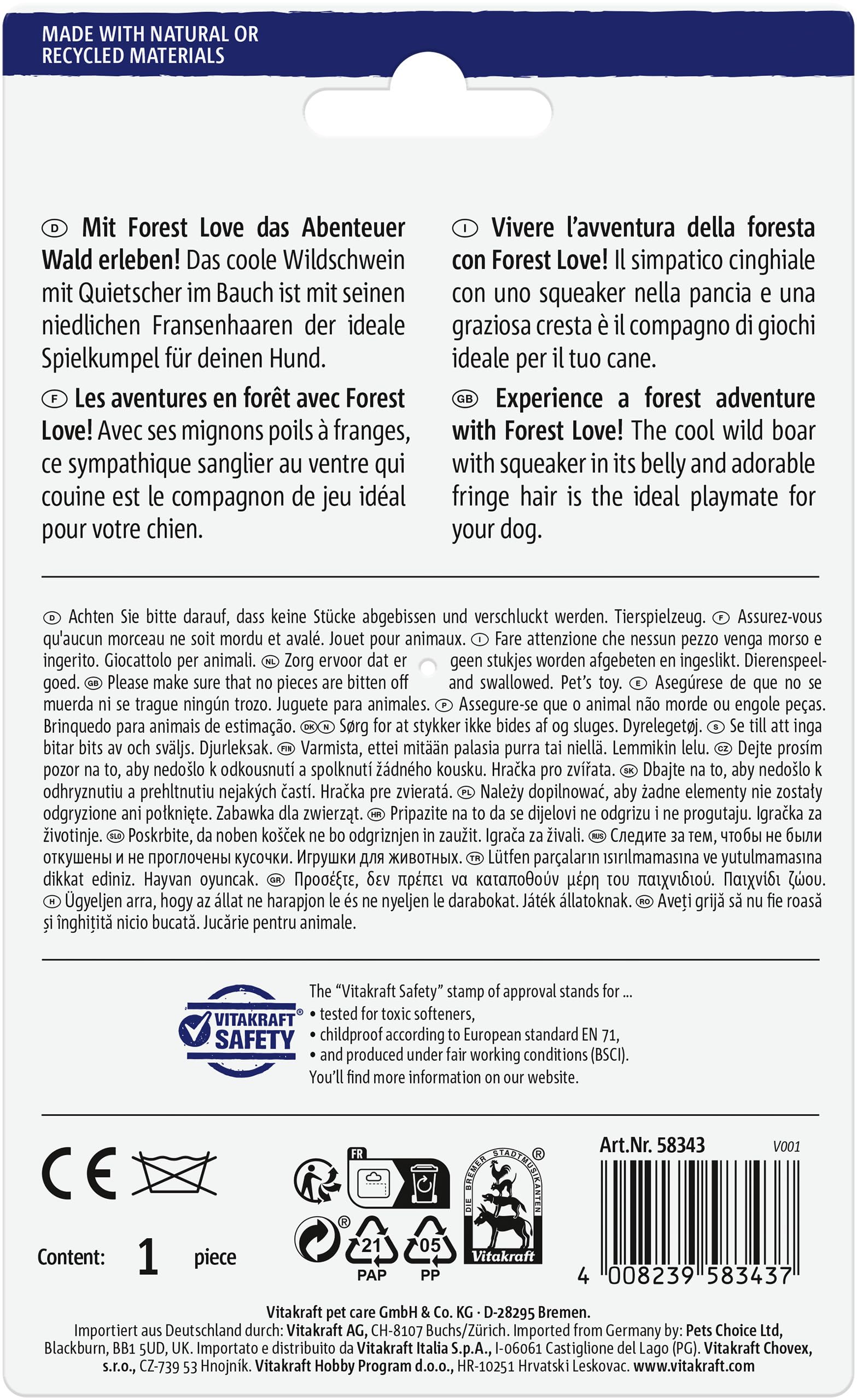 Vitakraft- Forest Love Sanglier, Jouet pour Chien, Peluche pour Chien avec Couineur, en Velours Côtelé (1 Pièce)