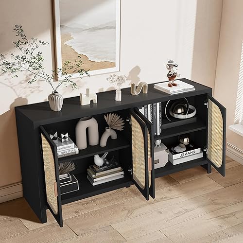 Miniatura 5 de Fiogmub Aparador de ratán con almacenamiento, armario de madera con 4 puertas estantes ajustables, para sala de estar, cocina, comedor, entrada