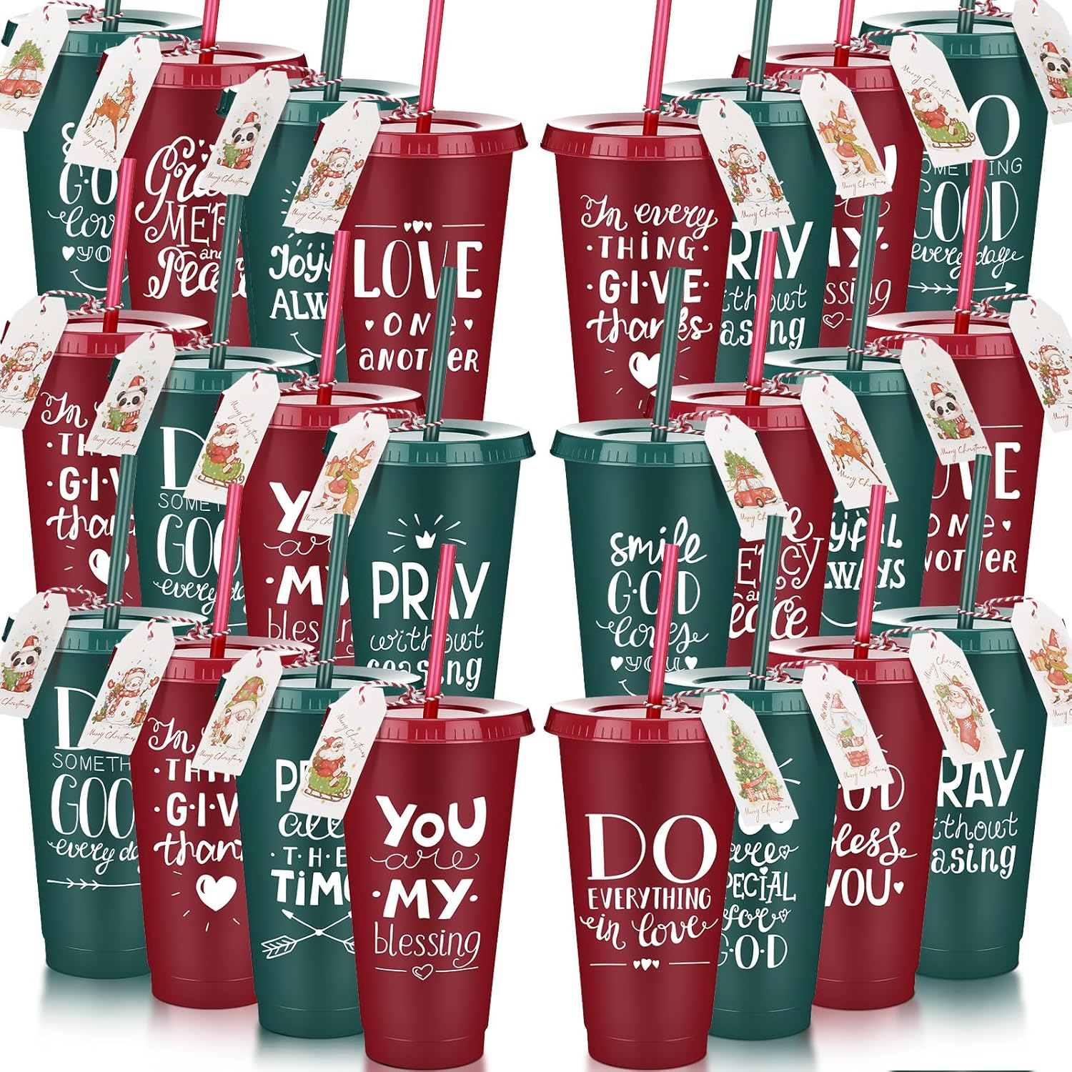 24set Christmas Christian Gifts Bulk for Coworker Employee 24oz Bible Verse Plastic Cups with Lid Straw Card Reusable Red Green Religious Gift for Teacher Staff Church Member(Cute)