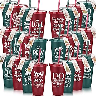 24set Christmas Christian Gifts Bulk for Coworker Employee 24oz Bible Verse Plastic Cups with Lid Straw Card Reusable Red Green Religious Gift for Teacher Staff Church Member(Cute)