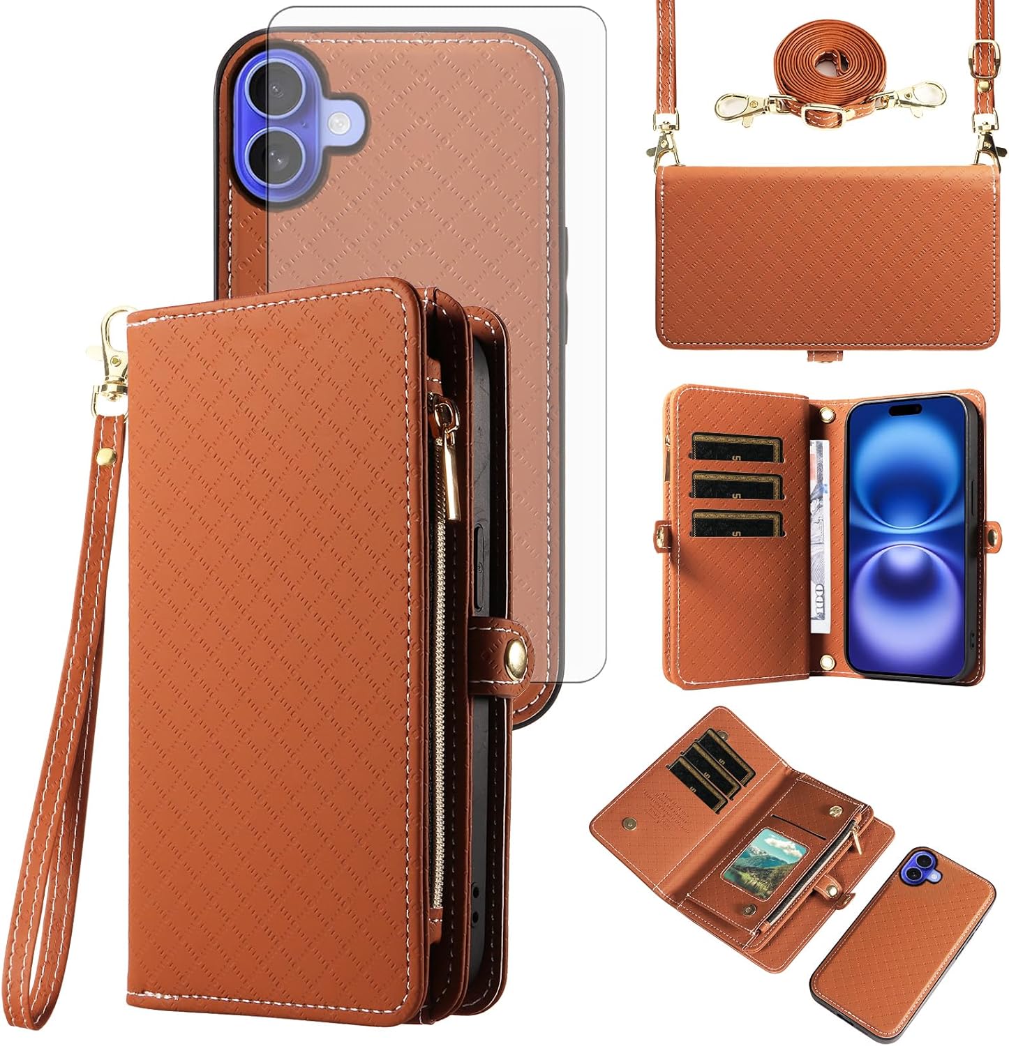 Asuwish Phone Case for iPhone 16 6.1 inch Zipper Wallet Detachable Cell Cover with Tempered Glass Screen Protector Crossbody Lanyard Strap Flip Card Holder Slot i Phone16 i16 16Case Women Girls Brown