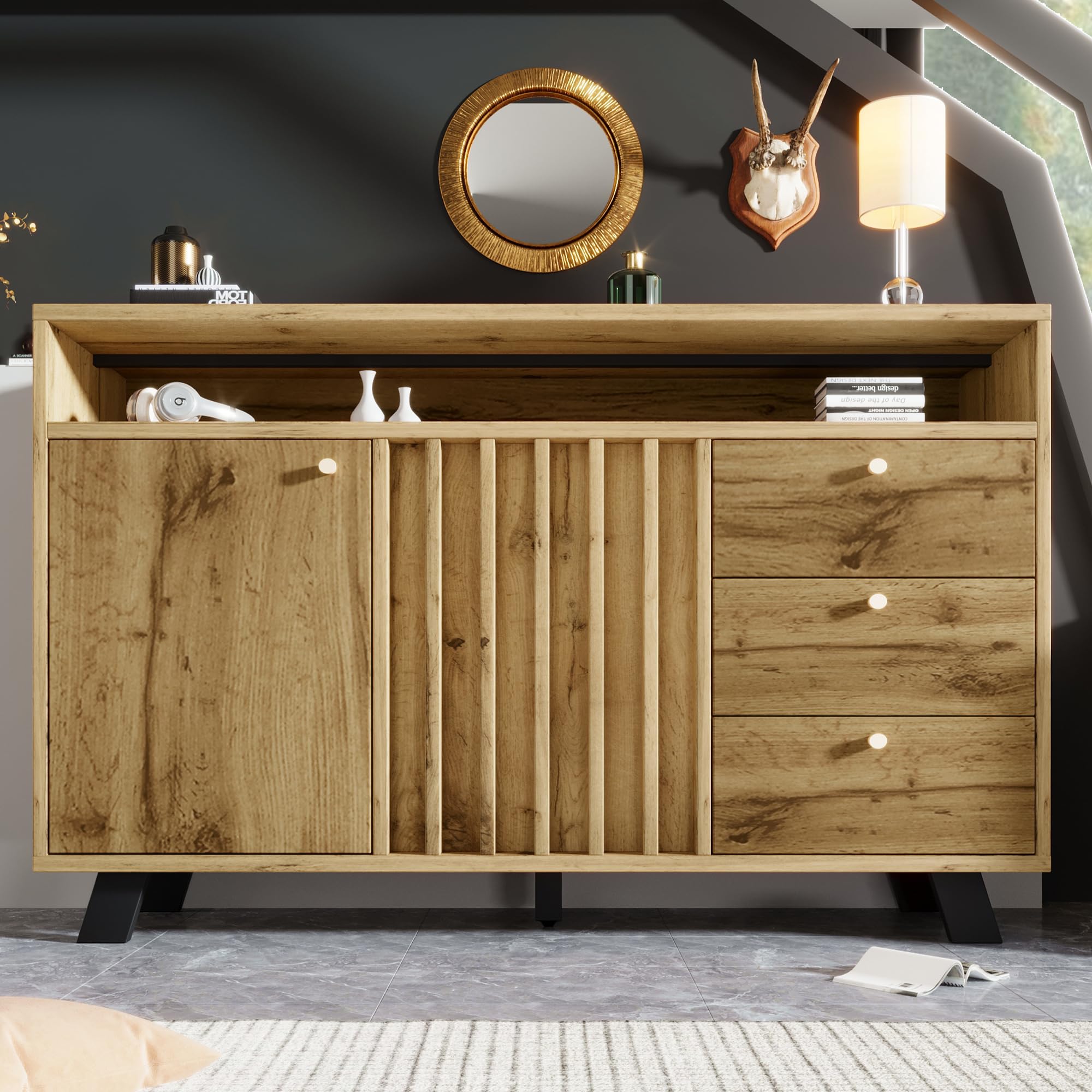 Merax Buffet avec compartiment ouvert et façade à lamelles, 3 tiroirs 2 portes, buffet en bois avec étagères réglables en hauteur, style vintage, chêne foncé/120x40x85 cm