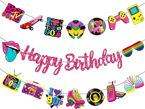 Miniatura 2 de Pancartas de fiesta de cumpleaños temáticas de los años 90, decoraciones retro de fiesta de cumpleaños de los años 90, decoraciones de regreso a los