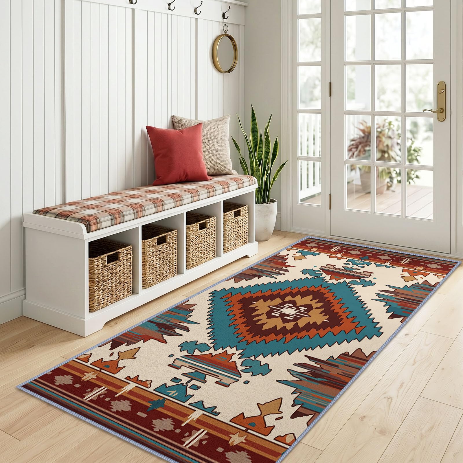 60 x 120 cm Tapis de Couloir Long Lavable Beige, Motifs Ethniques Ruraux Et Géométriques 3D Impression Long Antidérapant Tapis De Passage pour entrée, Chambre à Coucher, buanderie, Salon