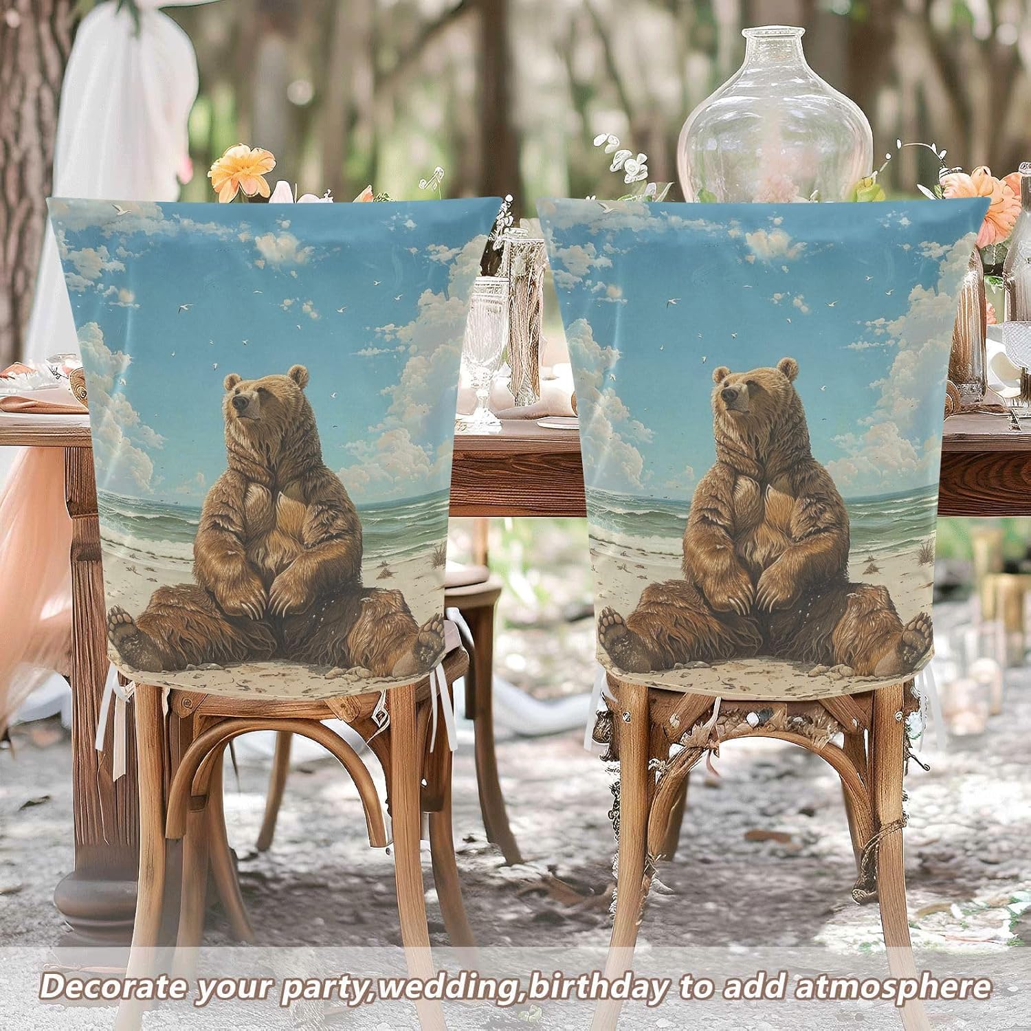 ALAZA Bear on The Summer Beach Chair Back Cover Set of 6, Washable Reusable Removable Chair Slipcovers Decorative Chair Cover for Home Kitchen Wedding Party