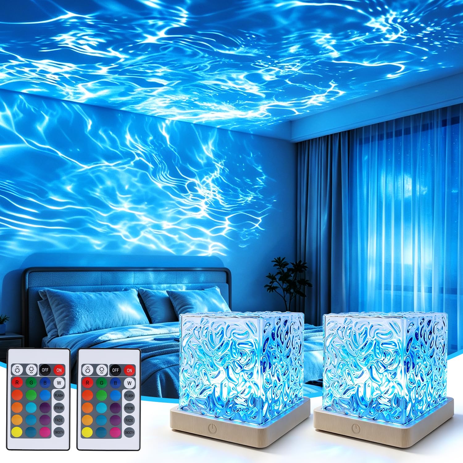 2 Pack Northern Lights Ocean Wave Projector Light, Galaxy Light Projector, 16 Colors Gradual Rotating Flame Water Ripple Ambient Night Light Non-Wood for Bedroom, Room Decor, Kids Room ((Plug-in))