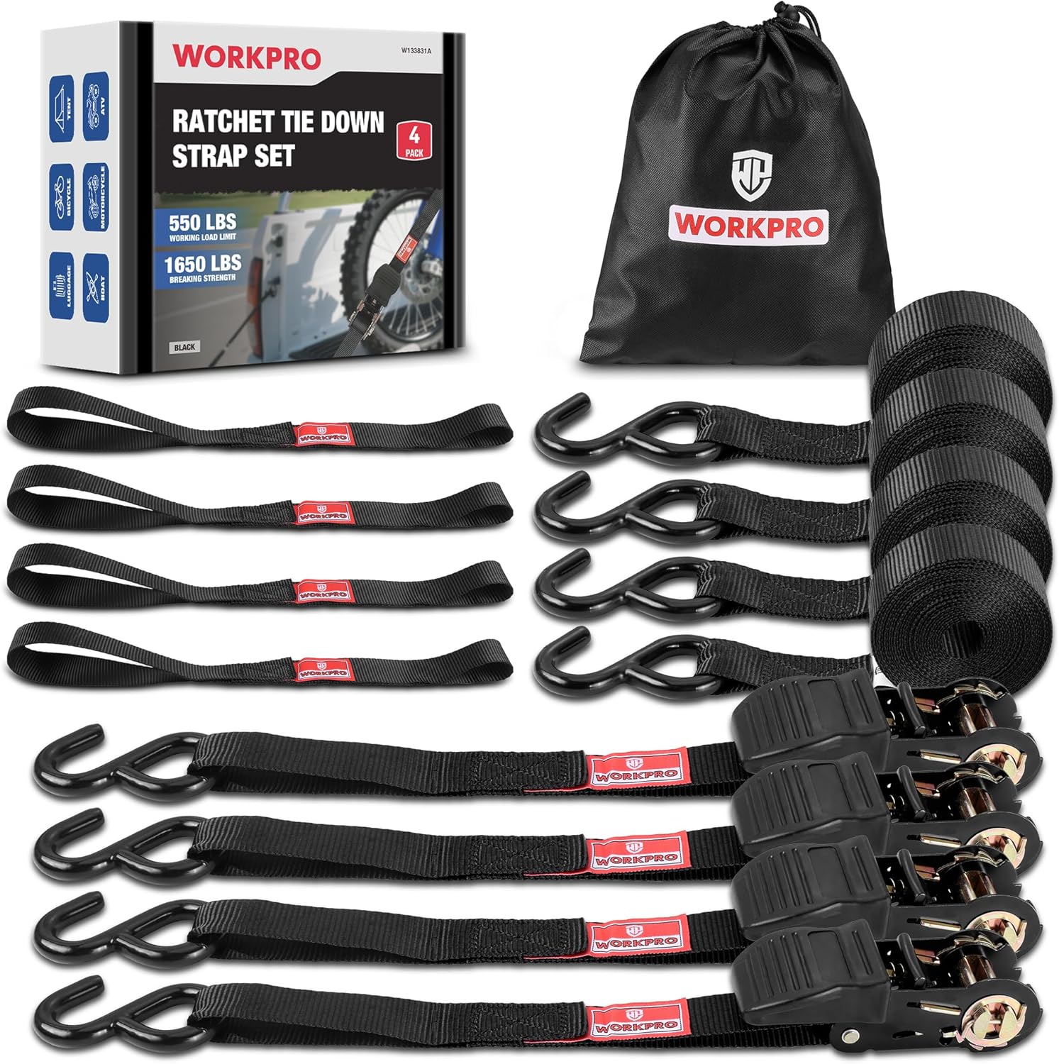 WORKPRO Ratchet Straps, 4-Pack | 1" x 15' | 1650 lbs Break Strength Heavy Duty Ratchet Tie Down Straps with 4PC Soft Loops, Fits for Moving Appliances Motorcycle ATV Truck (Black)