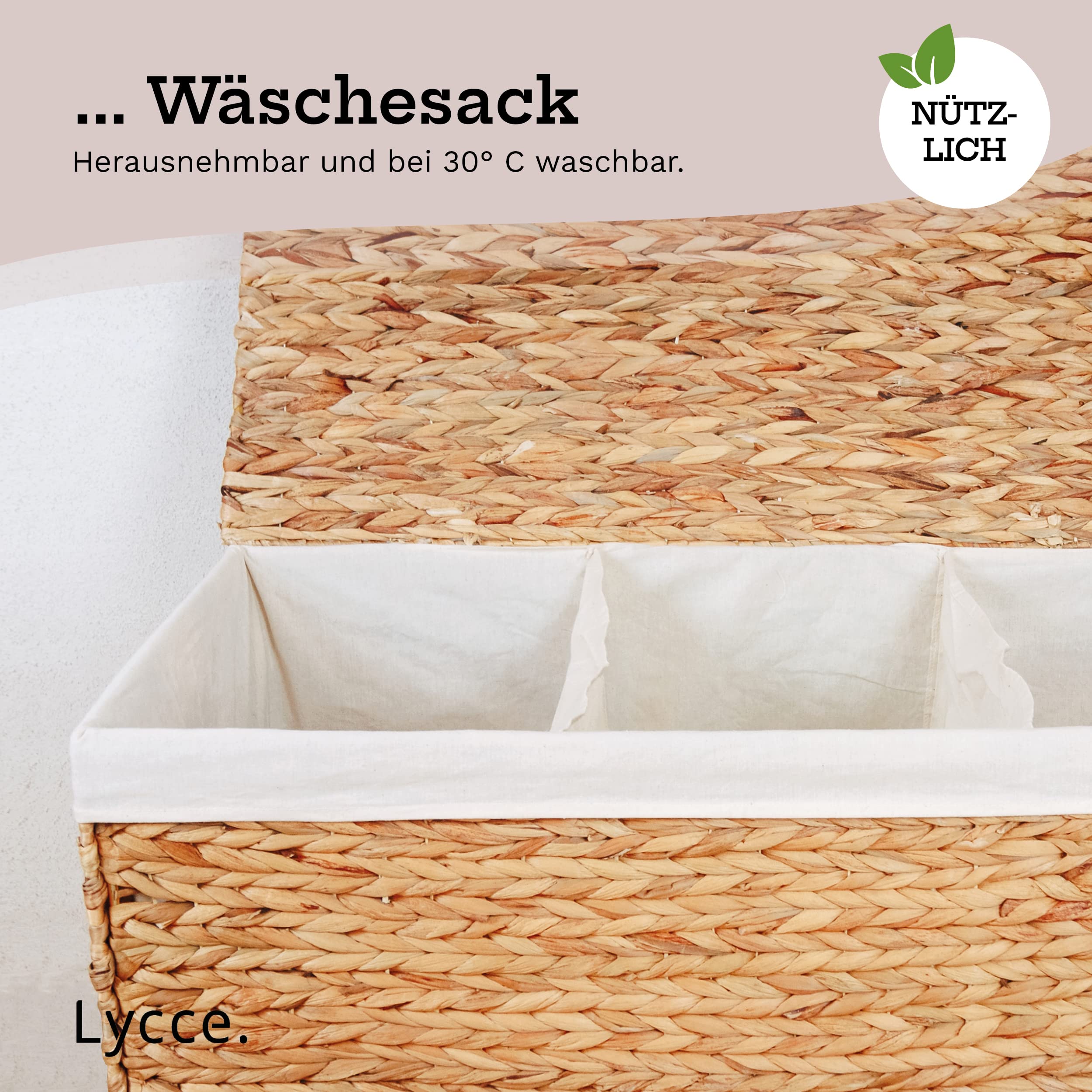 Lycce Wäschekorb 3 Fächer 150L Wäschesortierer, natur 80 x 40 x 50 cm