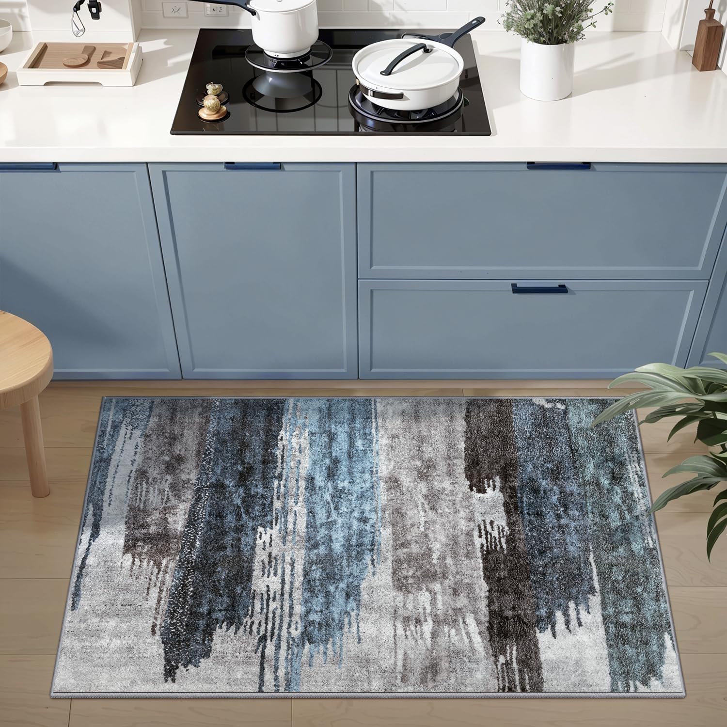 Ciicool Modern Abstract Area Rug 2x3 Washable Small Entryway Rug, Non-Slip Low Pile Throw Rug, Foldable Kitchen Bathroom Rugs, Blue Grey Floor Carpet for Entrance Living Room Bedroom Indoor Doormat - Image 3