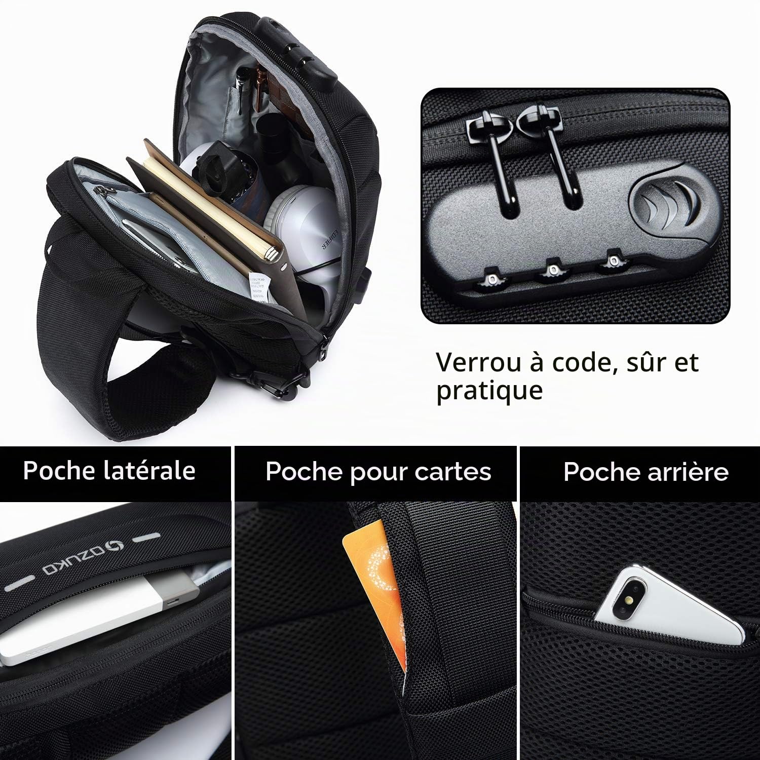 FANDARE Nouveau Sac de Poitrine Anti-vol Sac d'Epaule Sacoche Homme avec Verrou Mot de Passe,USB,Réfléchissante Sac Bandoulière Imperméable Sling Bag pour Cyclisme,Camping,Voyage Polyester