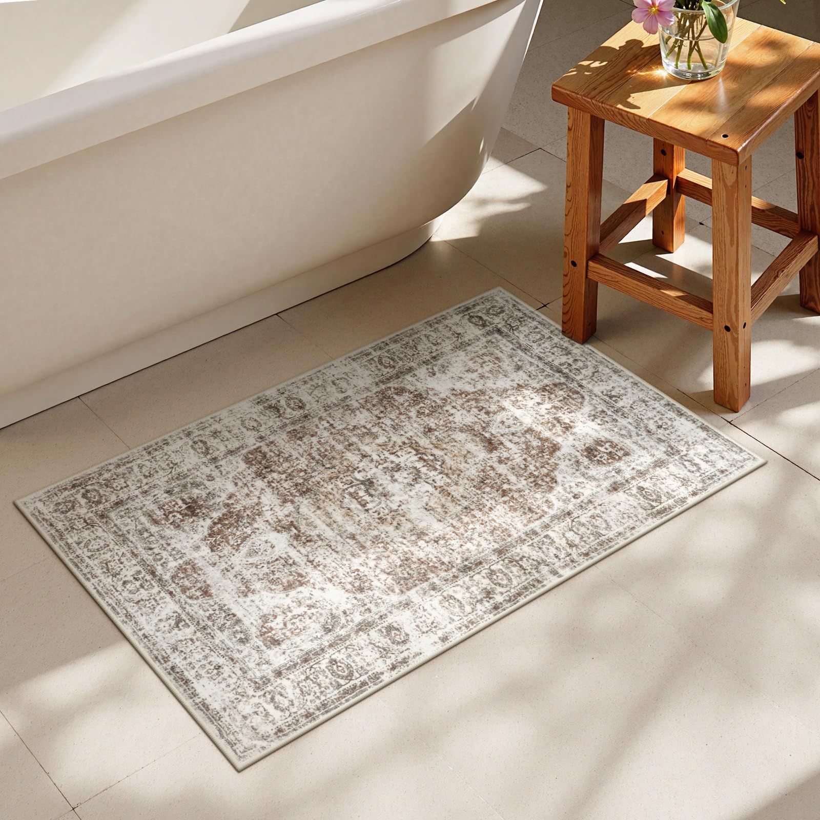 Uphome Boho Bathroom Rugs, Distressed Farmhouse Khaki Bath Mat, Comfy Velvet Small Bath Rugs Non Slip Washable, Vintage Oriental Toilet Rug for Sink