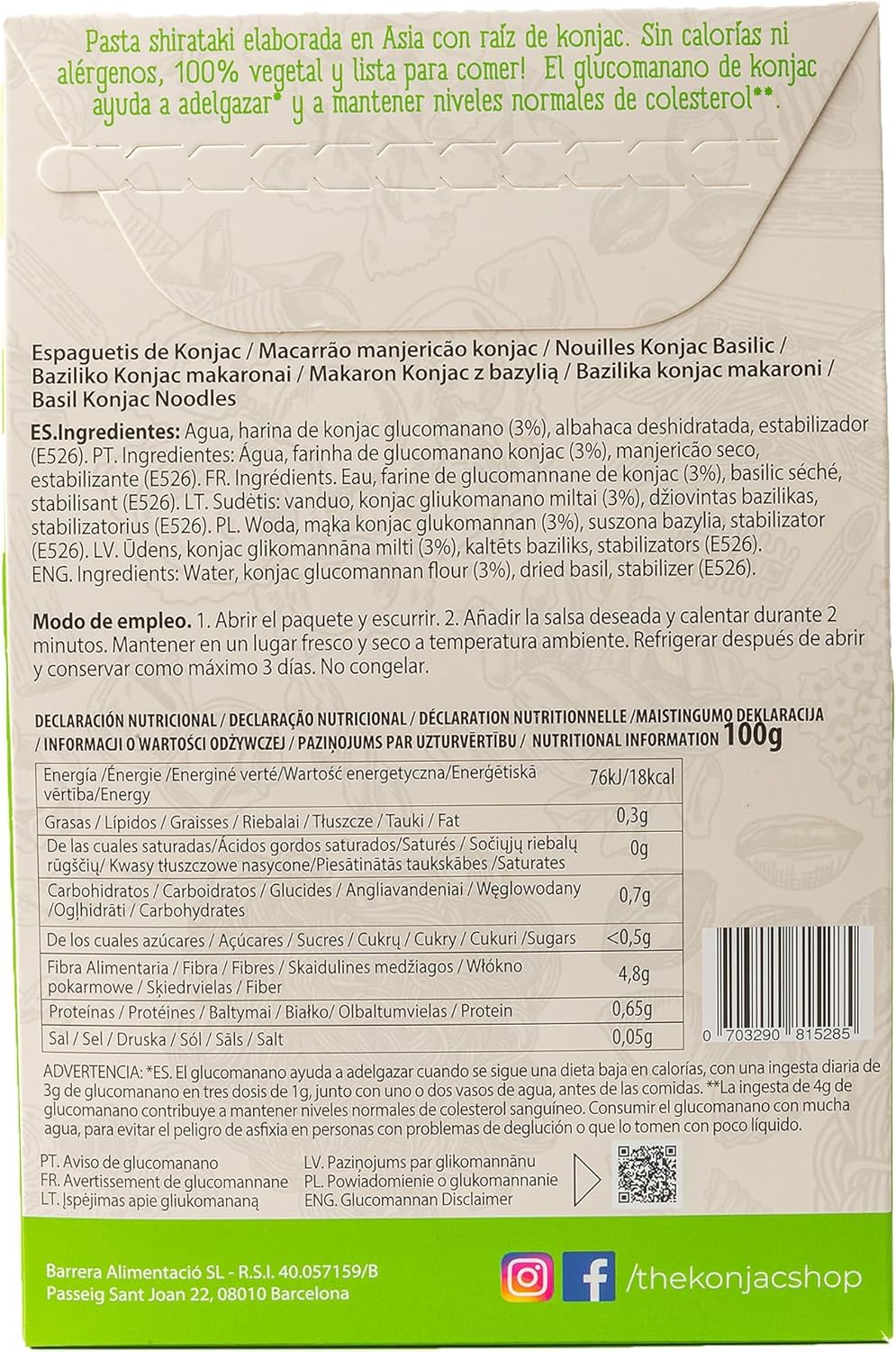 The Konjac Shop - Espaguetis Konjac de Albahaca 270g Sin Gluten Bajo en Calorías y Carbohidratos Ideal para Dietas Keto y Veganas (Pack de 5)