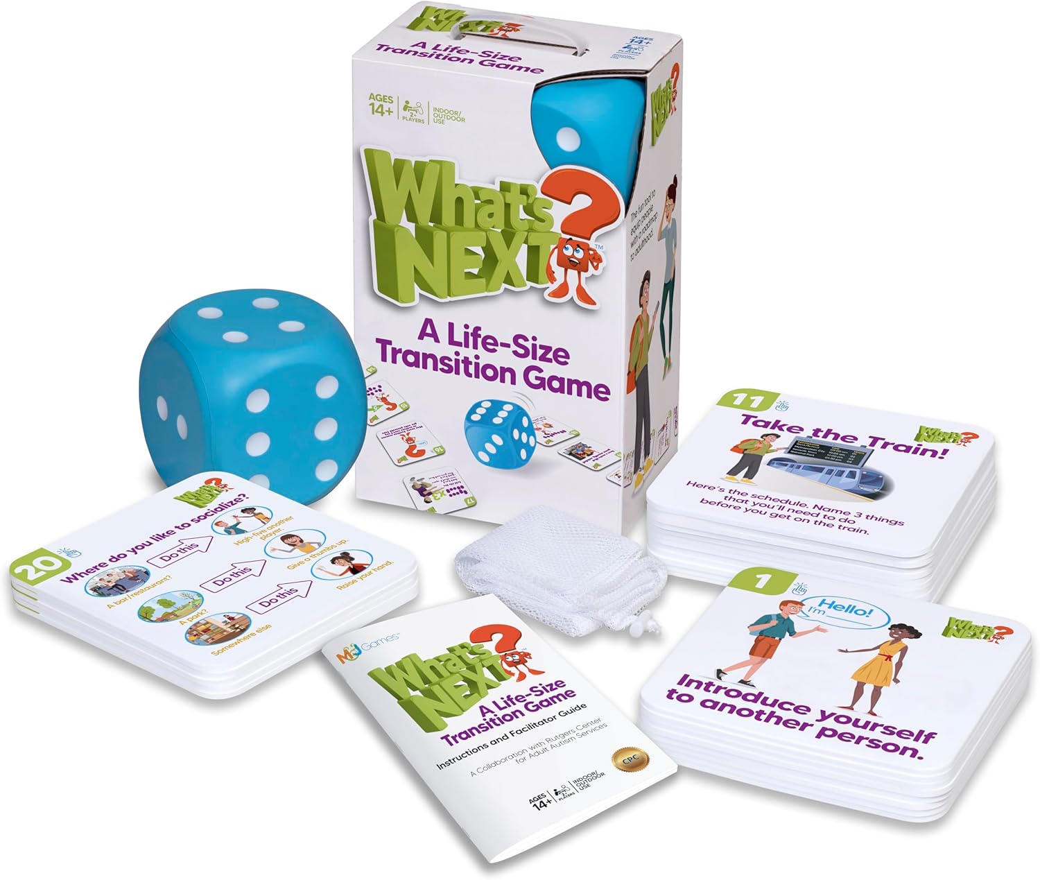 M&J Games What’s Next? A Life-Size Transition Game, Jumbo Size Inclusive Floor Game, Board Game for Neurodivergent & Autistic Individuals, Work on Basic Life Skills, Ages 14+, 25 Tiles, Giant Foam Die