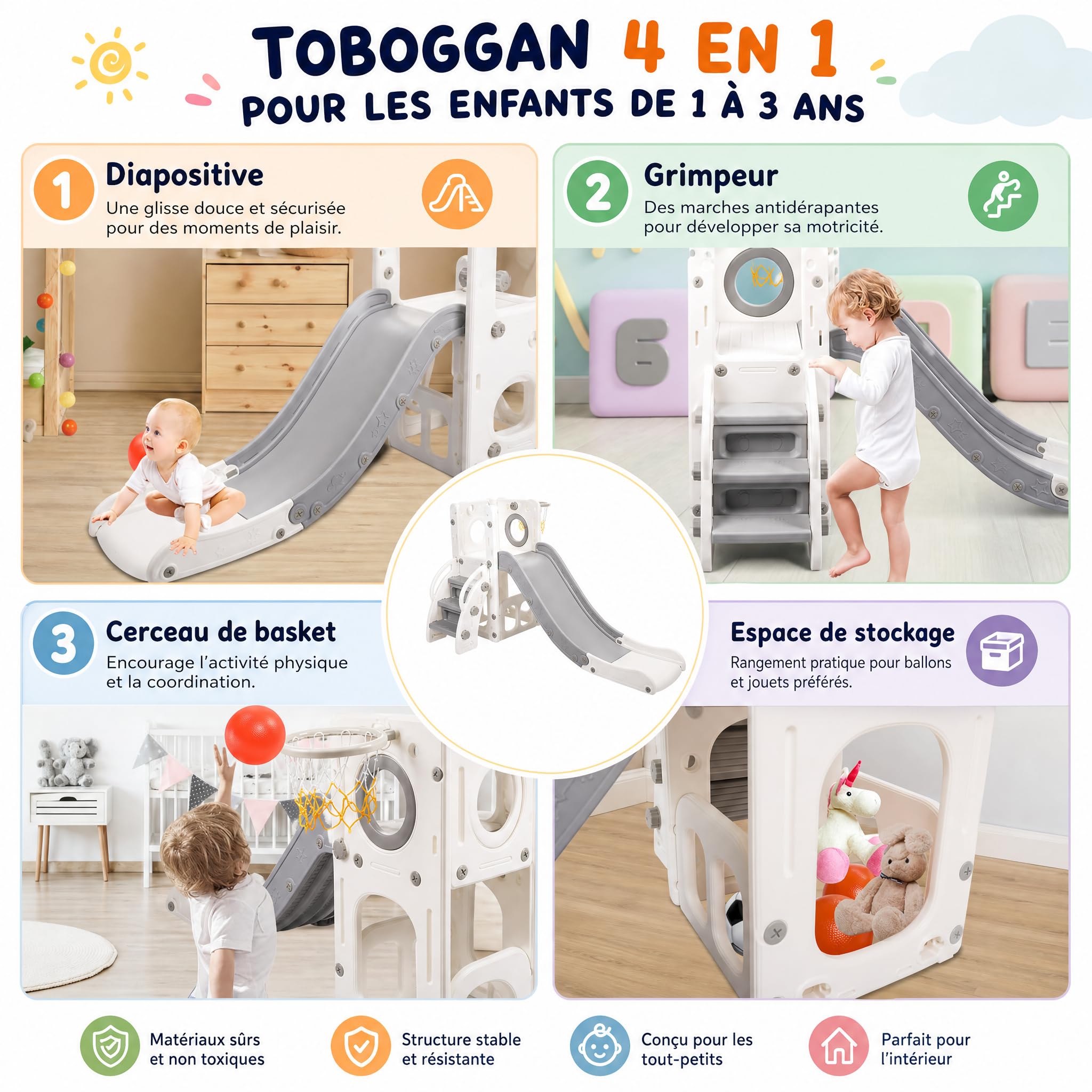 HLC Toboggan Enfants avec Glisse 140cm & Panier de Basketball, Toboggan Exterieur/Interieur Enfant, Jeu Intérieur Extérieur pour Enfants de 1-3 Ans