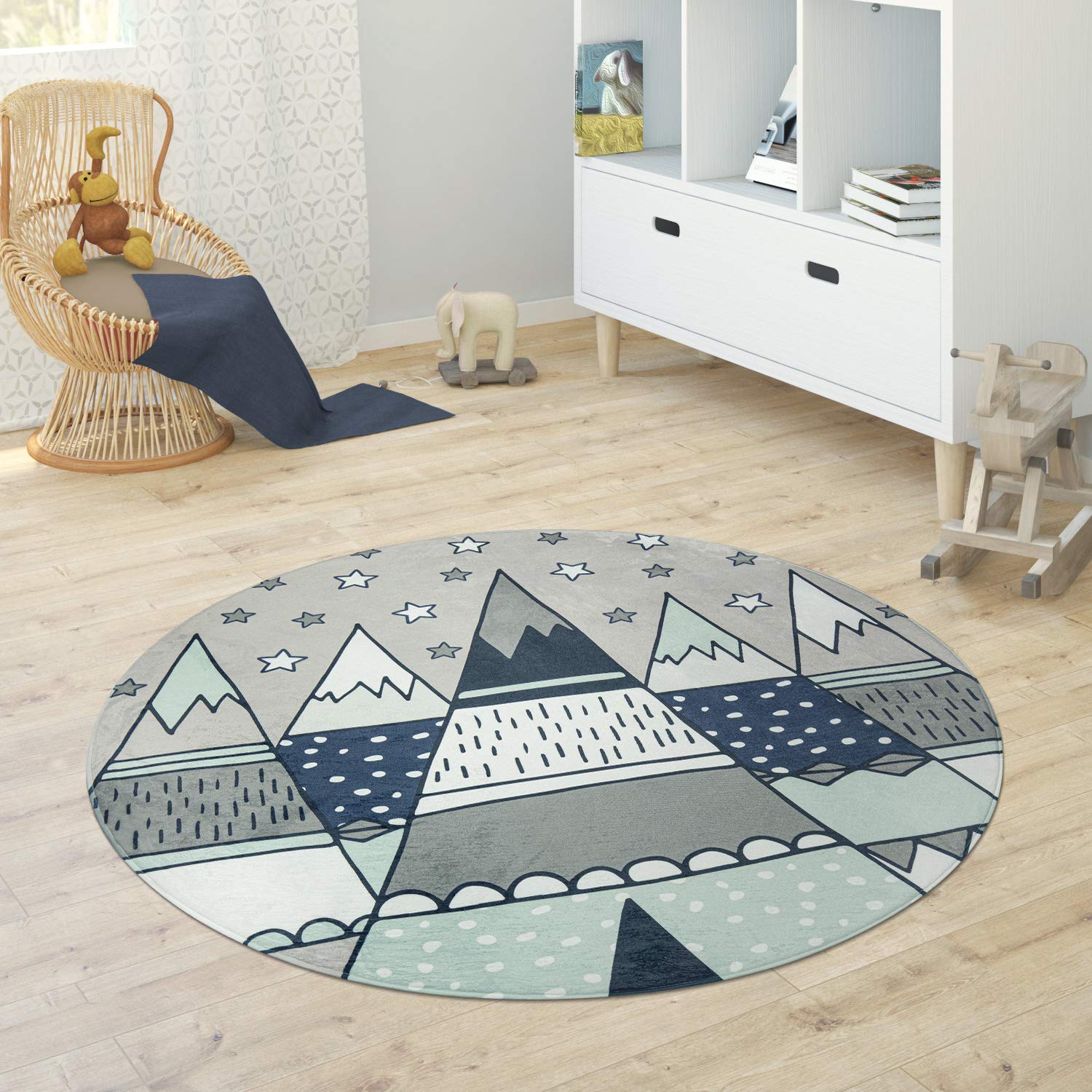 Paco Home Kinderteppich Teppich Rund Kinderzimmer Spielmatte Babymatte rutschfest Stern Mond Elefant Regenbogen, Grösse:Ø 150 cm Rund, Farbe:Grau 1