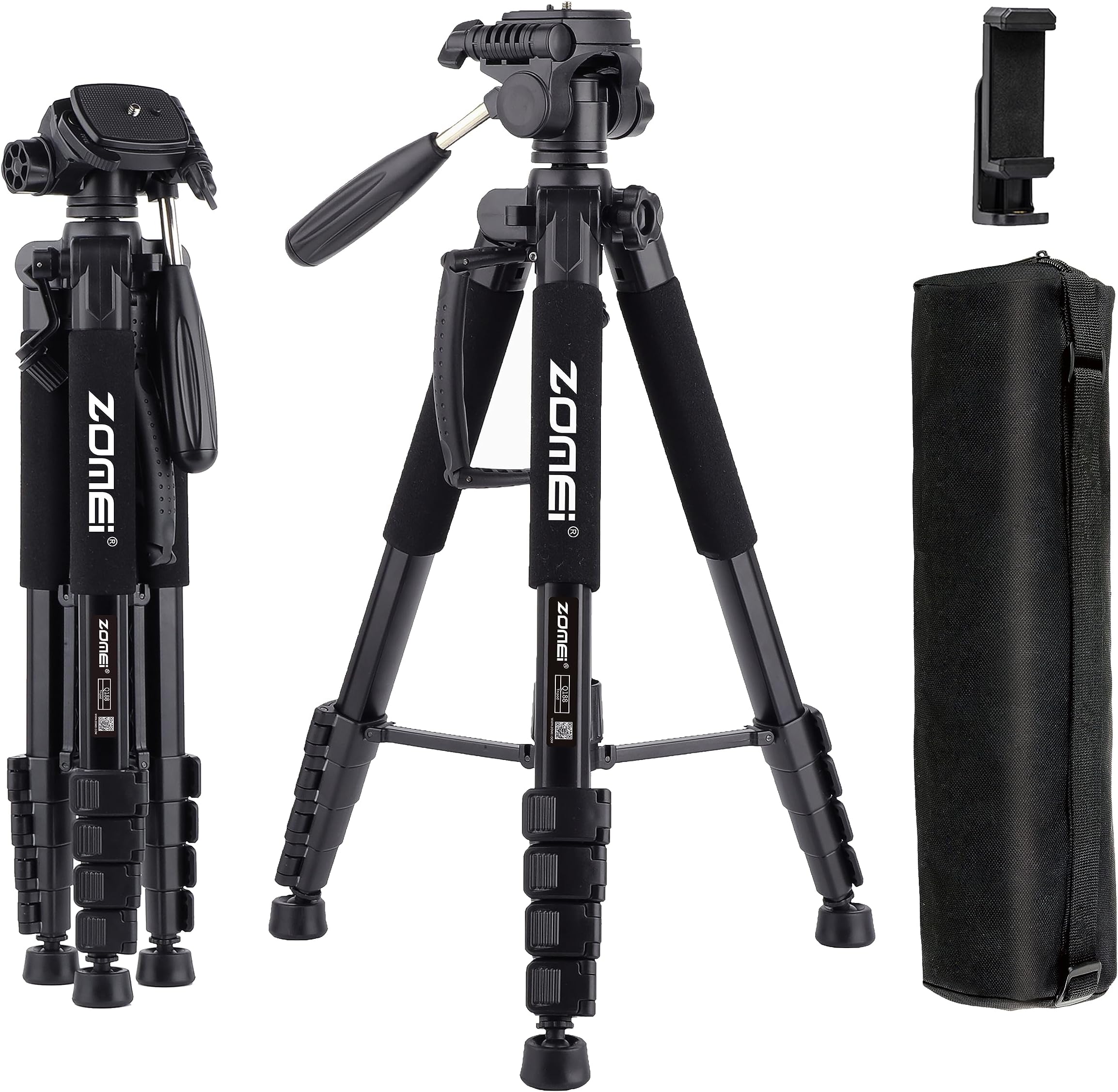 ZOMEi 188 cm Tripod Heavy Duty Tall Tripod Stand, Professional Travel Video Tripod Compatible with DSLR Cameras, Mobile Phones, Projector, Binoculars, Spotting Scope (Black)