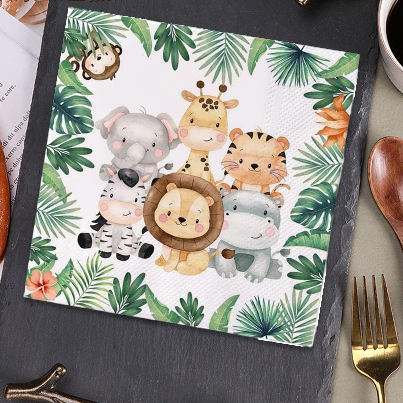 20 Tovaglioli Compleanno Bambini Tema Giungla - 33x33 Cm, Motivo