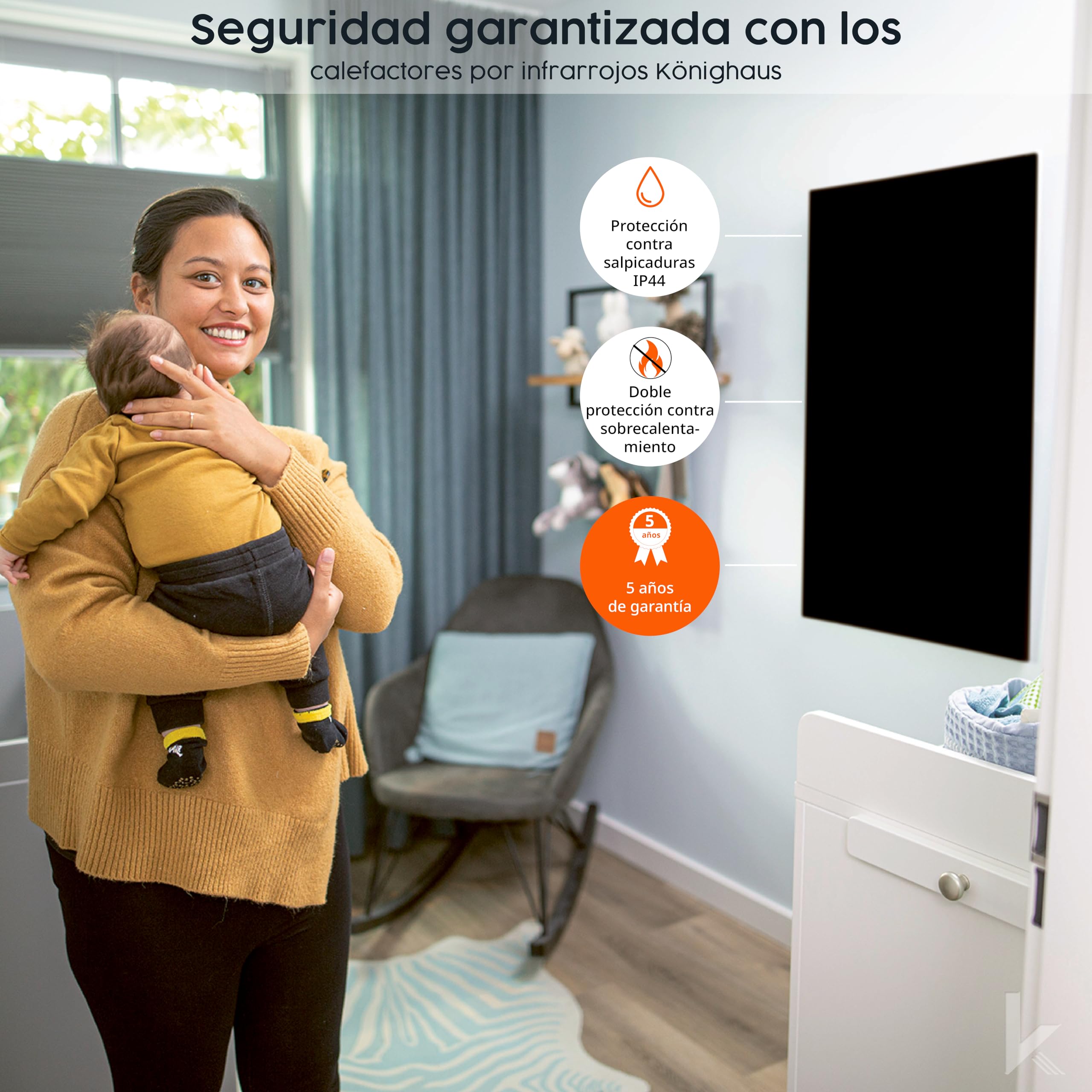 Könighaus calefacción infrarroja - 130 W Black Edition con termostato – TÜV SÜD + 5 años garantía ✓ doble protección sobrecalentamiento ✓ lista en 2–4 min