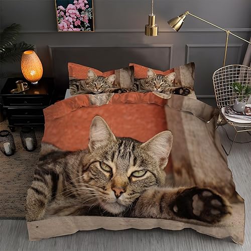 Civet Cat King Duvet Cover Dark Orange Print King Bedding Set Soft Microfiber Comforter Cover and 2 Pillow Shams 20"X36", Bed Set Duvet Covers with