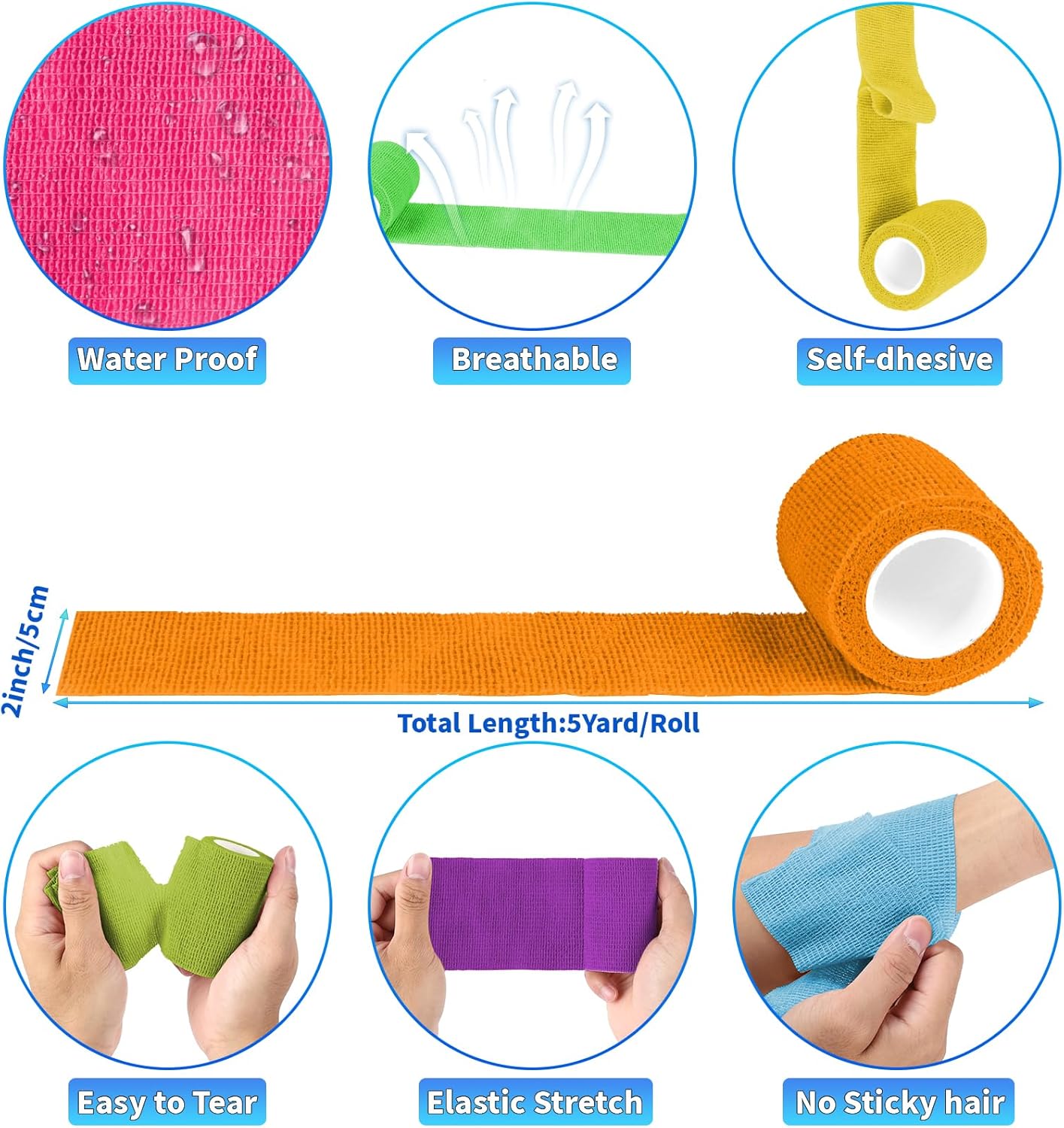 120 Pack Colorful Self Adhesive Bandage Wrap Bulk 2 Inch x 5 Yards Cohesive Bandage,Vet Wrap Breathable Elastic Self-Adherent Tape for Stretch Athletic Sports Wrist Ankle Dogs Pet Vet Wrap - Image 4