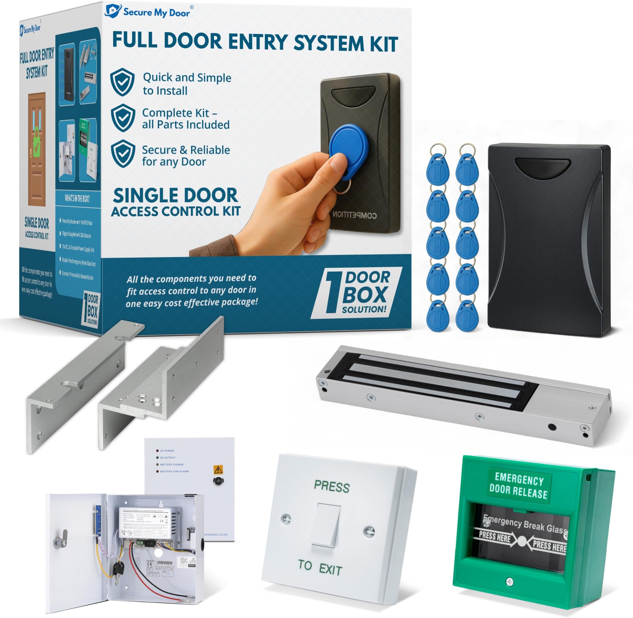 SecureMyDoor - Full Door Entry Kit | Indoor Security System with Electric Maglock Magnetic Lock, Proximity Reader & RFID Fobs | Ideal for Commercial & Home Residential Access Control Door