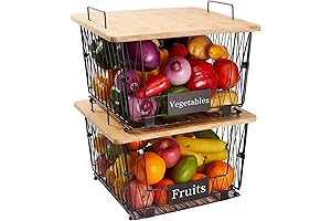 2-Pack Stackable Wire Storage Baskets with Bamboo Lid
