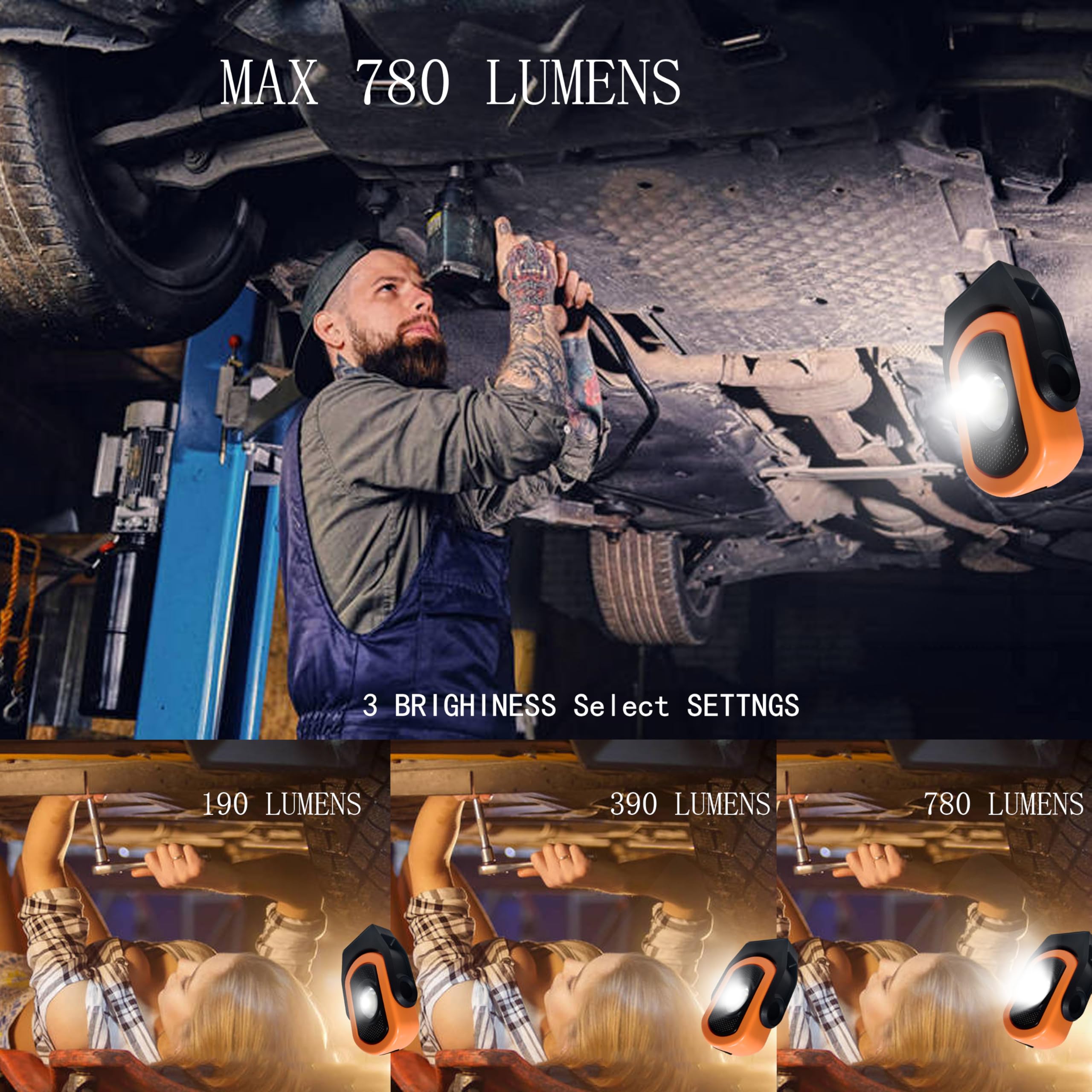 Wiederaufladbares Arbeitslicht, 780 Lumen, wiederaufladbares Arbeitslicht mit magnetischem Licht, wiederaufladbar über USB, für Mechaniker Werkstatt