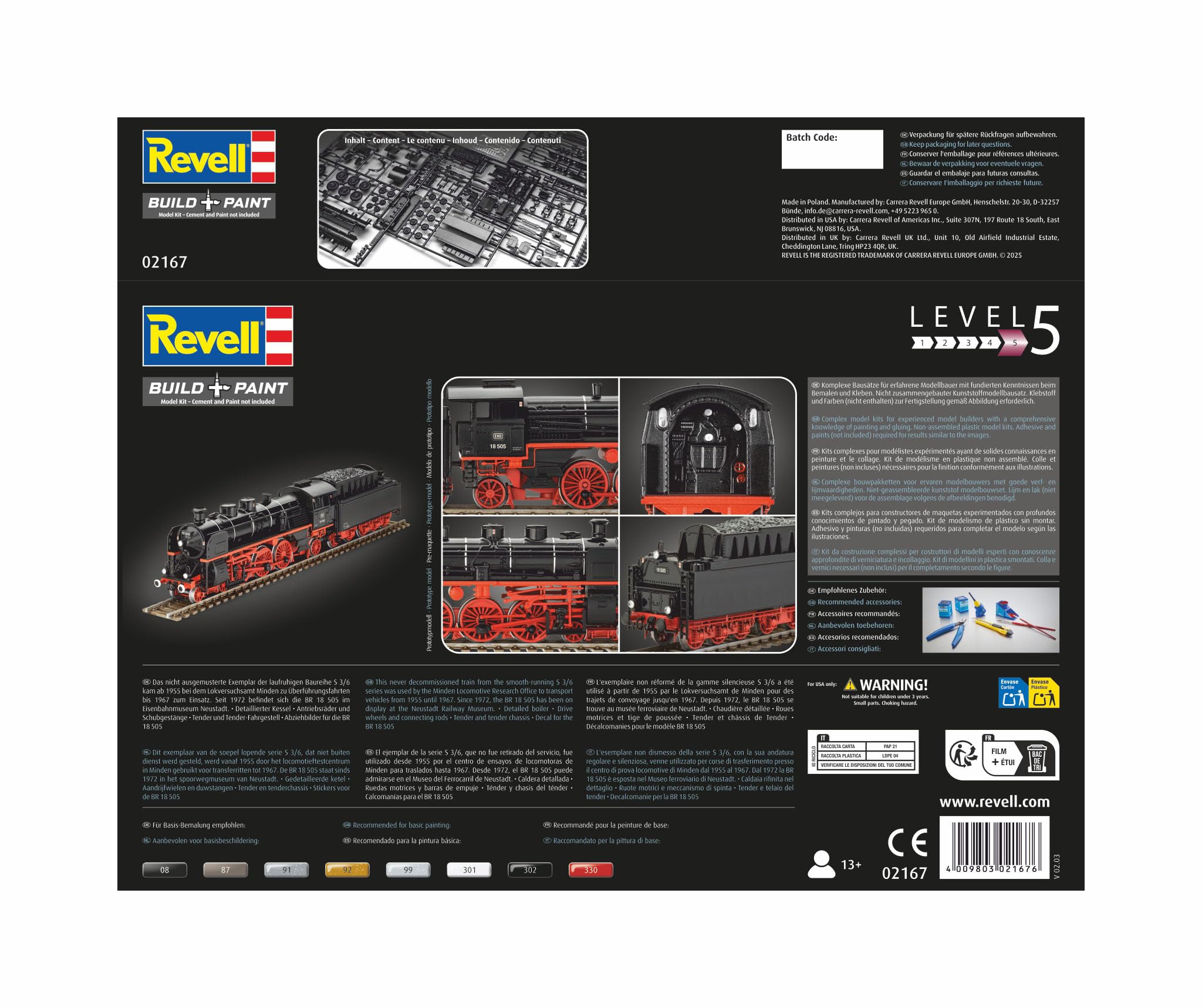 Revell Modellbausatz Schnellzuglokomotive BR 18 505 – Maßstab 1:87 – Historische Dampflok – Detailliertes Modell mit Tender – Präzises Fahrwerk & Schubgestänge – Perfekt für Modellbahn & Diorama