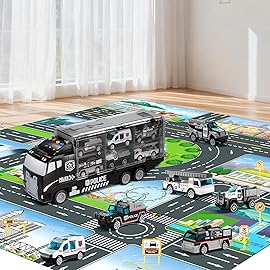 NIPLOOOW Toddler Boys Toys for 3 4 5 6 Years Old, Police Truck Vehicle Toy Set with Play Mat and Die-Cast Toy Car, Transport Carrier Truck for Kids, Birthday Gifts Toys for 3 4 5 6 7 8+ Year Old Boys