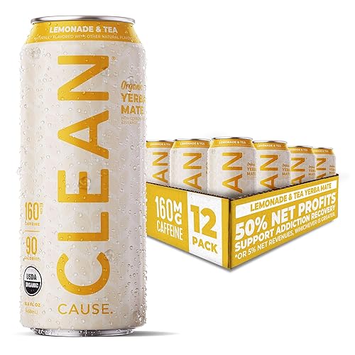CLEAN Cause Lemonade & Tea USDA Té orgánico de yerba mate (latas de 15.5 onzas, paquete de 12 cajas) sin gas, 160 mg de cafeína