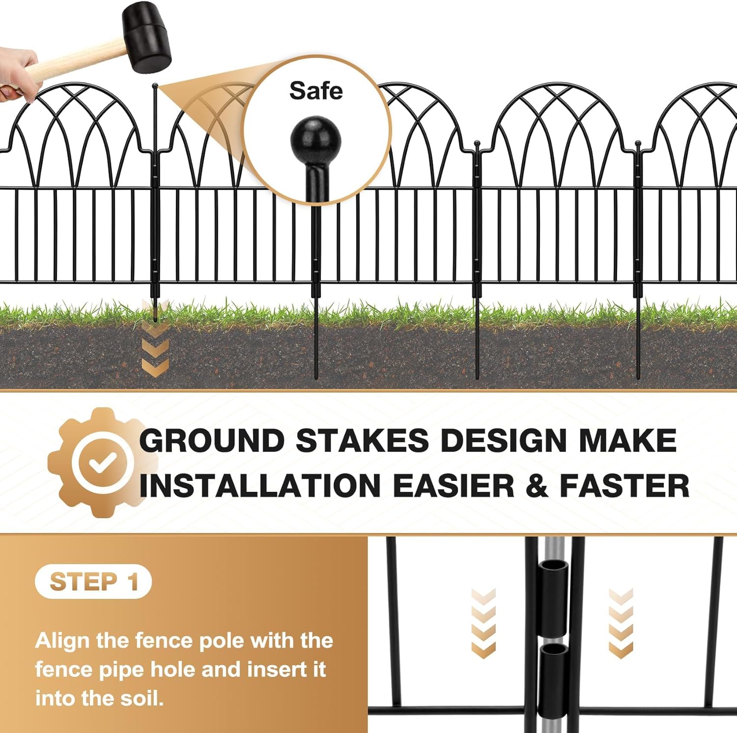 Garden Fence - 24 in(H) x 10.56ft(L) Arched Metal Fence Panel No Dig Fence, Ground Stake Animal Barrier Fence for Dog, Flower Bed Edging Wire Border Panel Fencing for Yard Patio Outdoor Decor