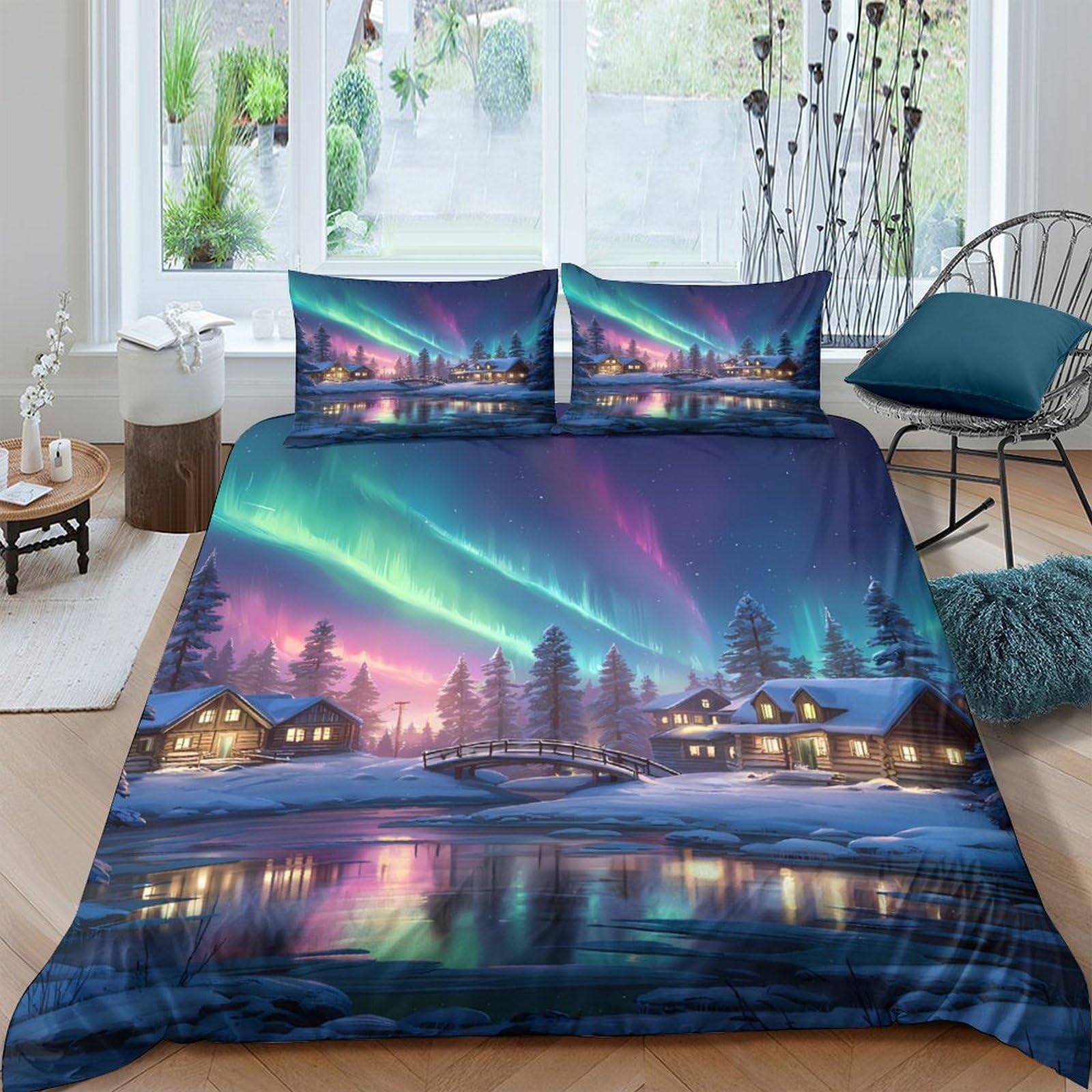 UNRXJZLVM Aurora Borealis Print Microfiber Duvet Set Teens Gift