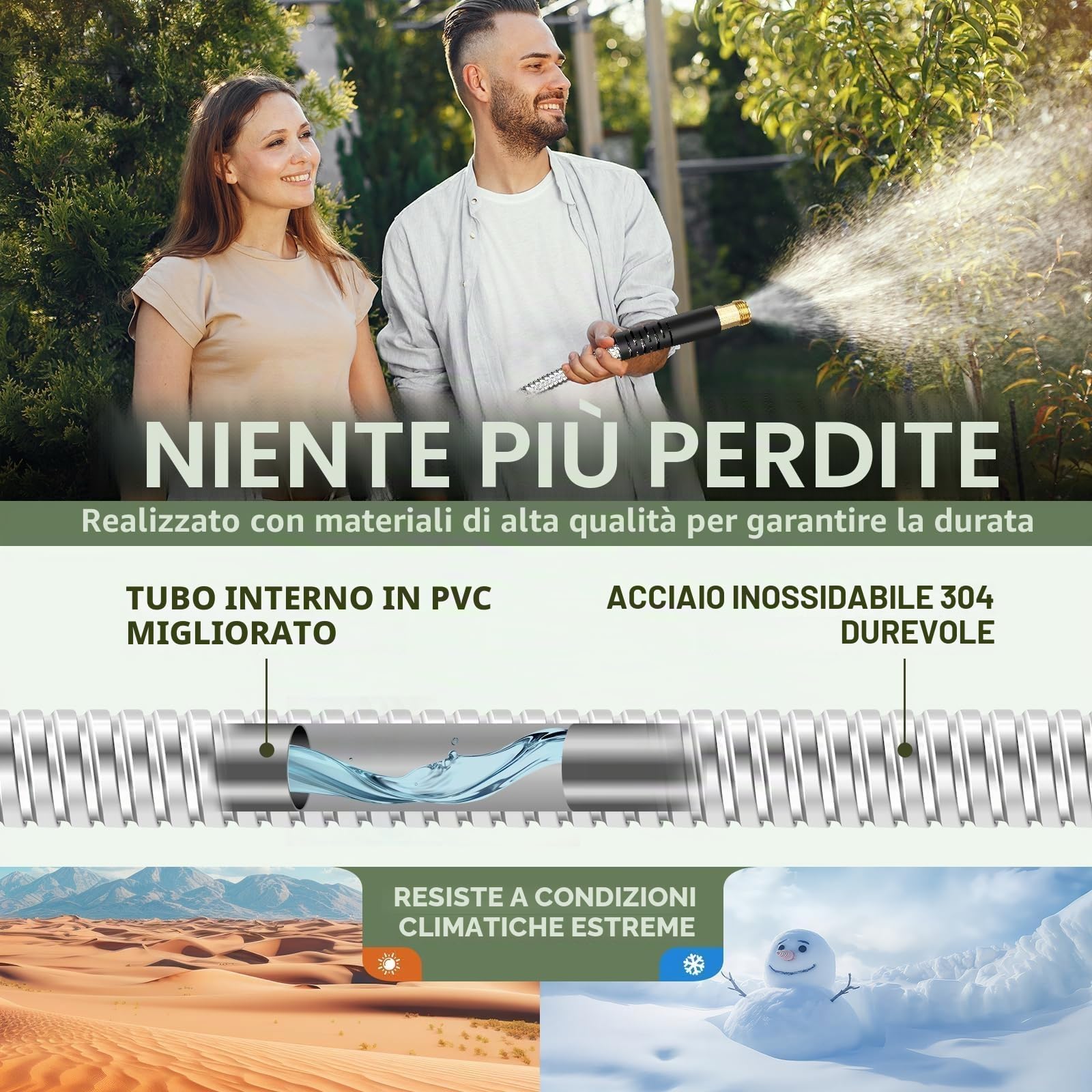 Tubo da giardino in metallo, flessibile da 30,5 m, in acciaio inox, resistente, leggero, con raccordi a connessione rapida, resistente, durevole, senza nodi, con ugello a 10 funzioni, per