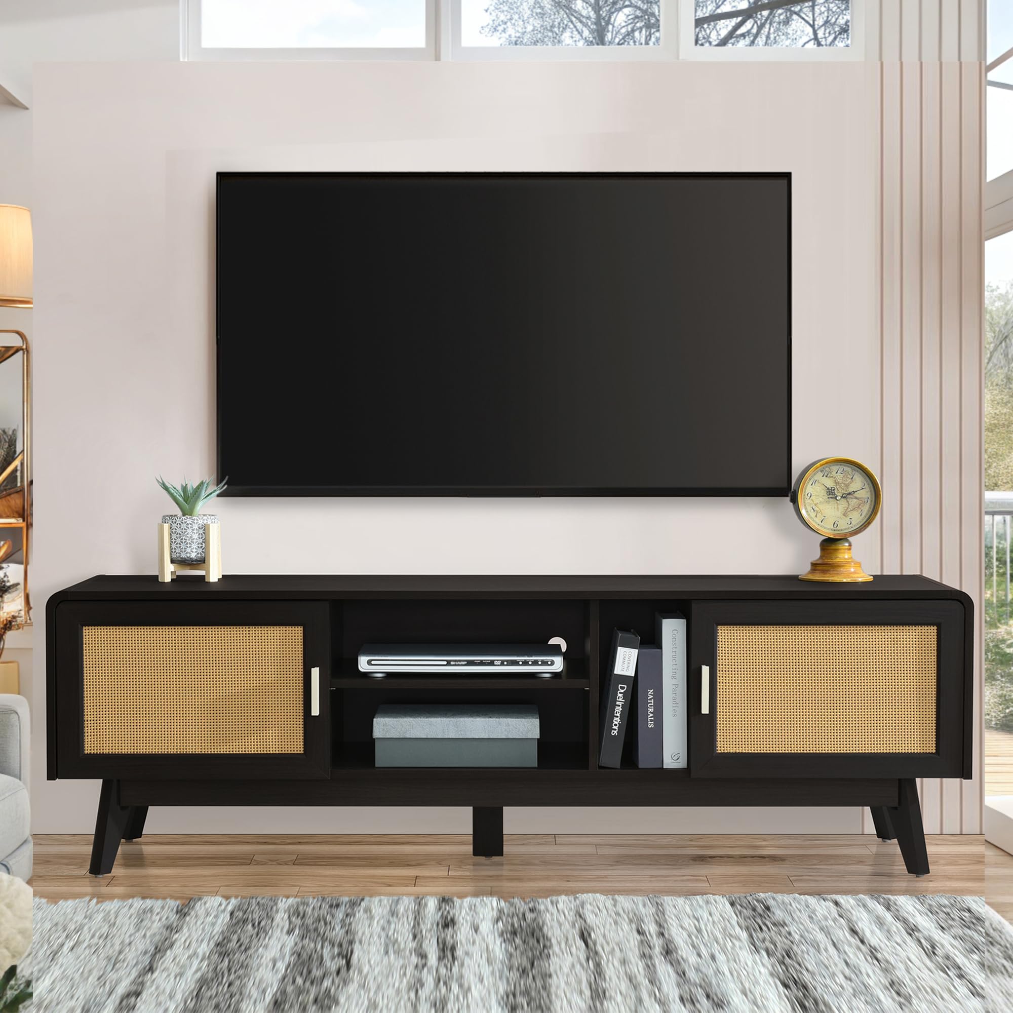 Merax Boho TV Stand for 60/65" TVs, Rattan Entertainment Center with Storage Cabinets Open Shelves and 2 Doors, Media Console Table for Living Room,
