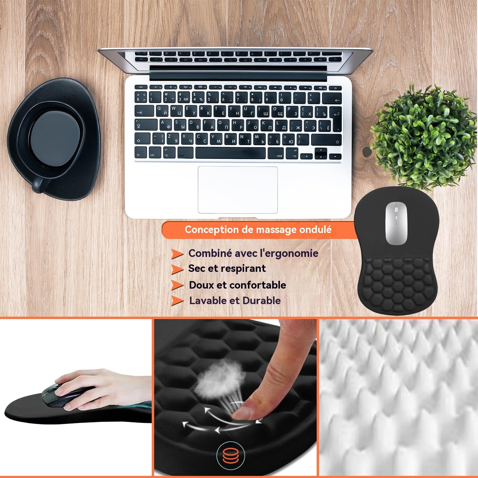 Tapis Souris Ergonomique Repose-Poignet avec Éponge Mémoire et Base Antidérapant pour Jeux et Bureau