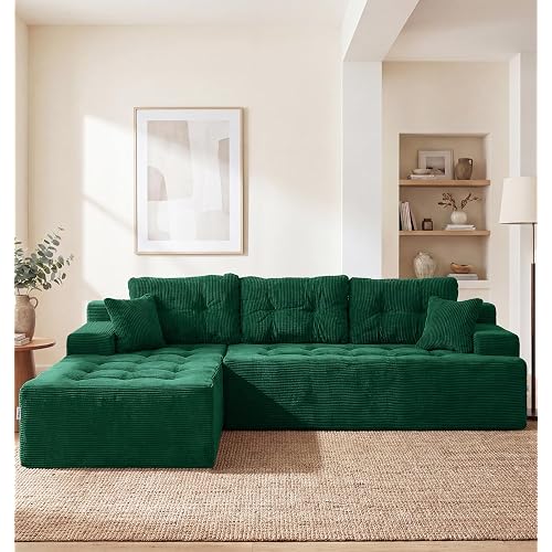 Hobestluk Modular Sectional Sofa Couches L-Shape Couch 3 Seat Modular Sofa Memory Foam Sectional Couches for Living Room, Cloud Couch with Oversized Chaise (Emerald Corduroy, 96", Left Hand Facing)