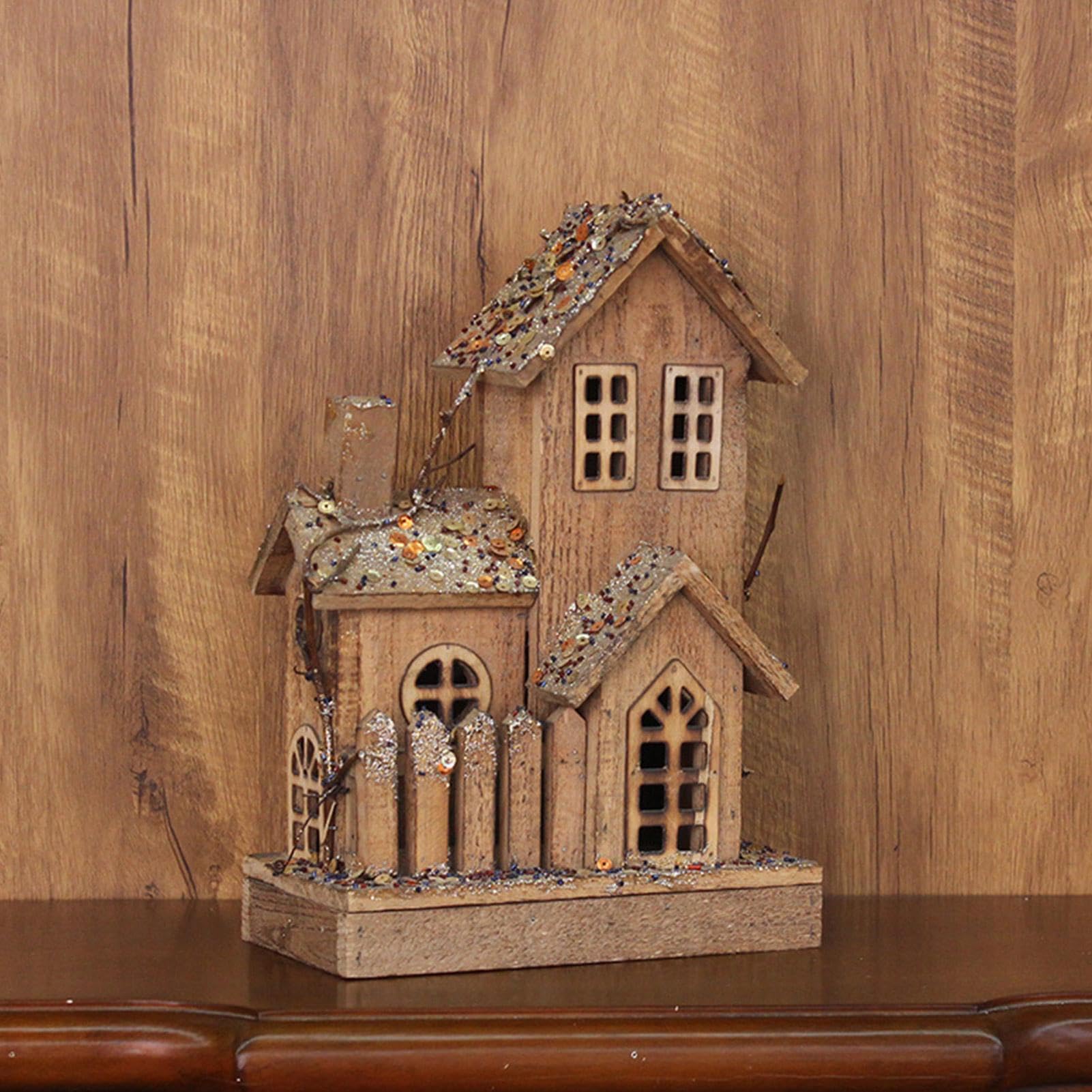 Statuetta della casa del villaggio di Natale, decorazione della casa di | Natale in legno - Statua della casa della figura illuminata in miniatura di Natale | fotografici ornamentali per la
