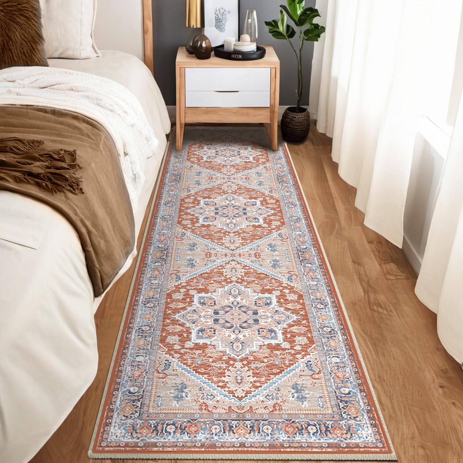 BESTSWEETIE 2x10 Area Rugs for Living Room Washable Non Slip Carpet Low Pile Soft Vintage Print Pattern Rug for Bedroom Dining Room Kitchen Entryway Indoor-Brick/Blue/Light Ivory