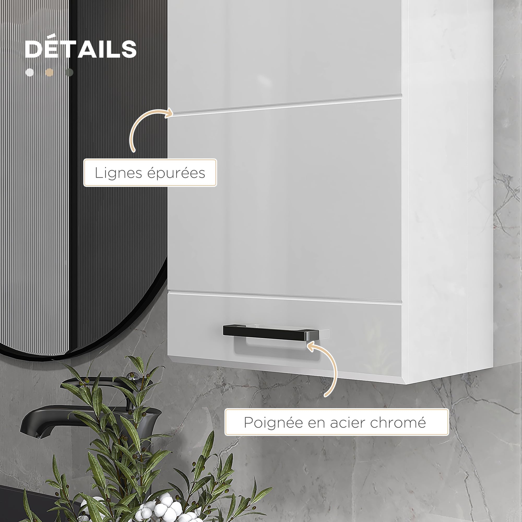 kleankin Armoire Murale de Salle de Bain, Placard de Rangement Toilette 3 Niveaux, étagère réglable, 1 Porte, Moderne, Armoire Suspendue, 37 x 22,5 x 70 cm, Blanc Haut Brillant