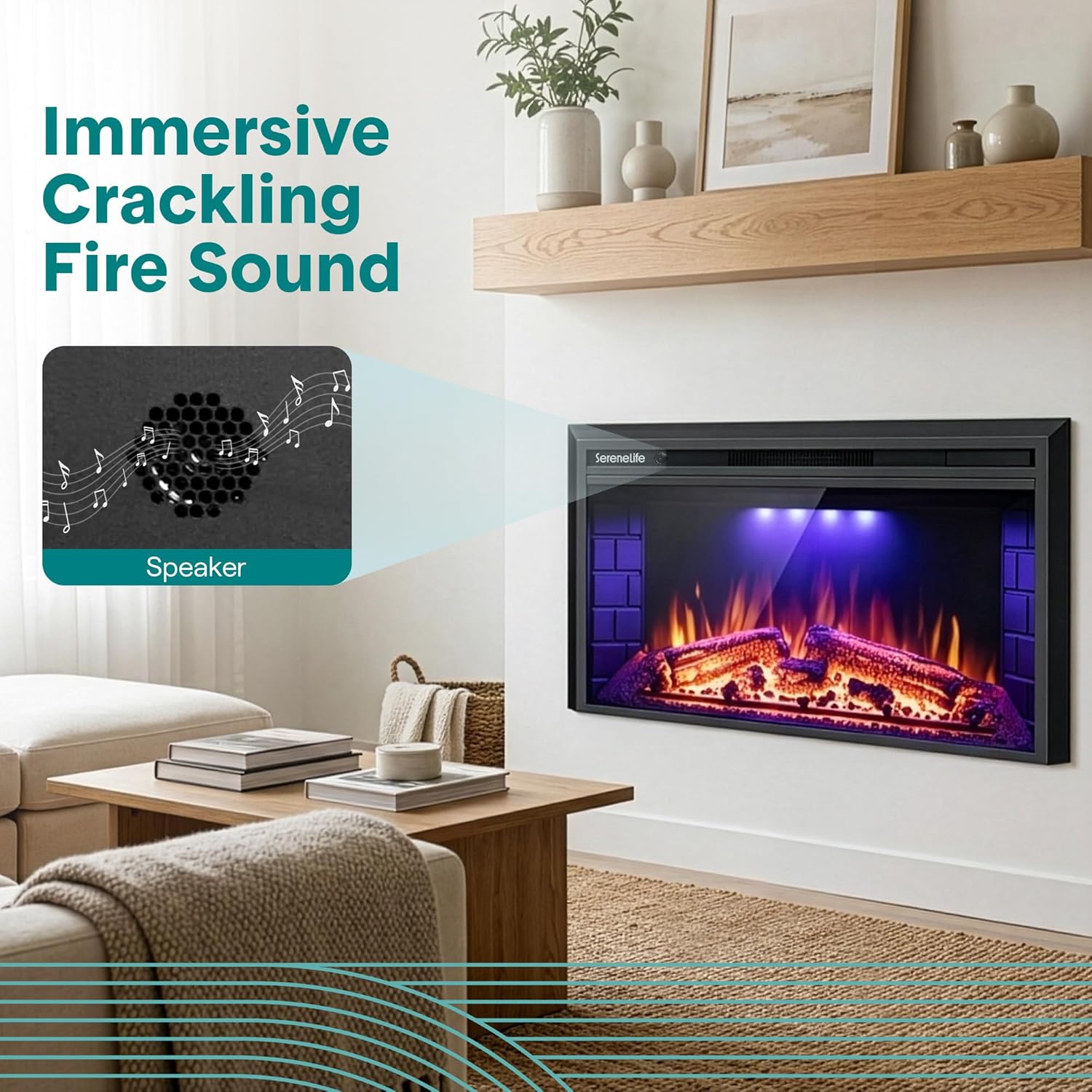 SereneLife Electric Fireplace Insert with Heater | Smart Wi-Fi App Control & Remote | 700W/1500W Adjustable Thermostat with Overheat Protection | 36"x21" Recessed or Wall Mount Design