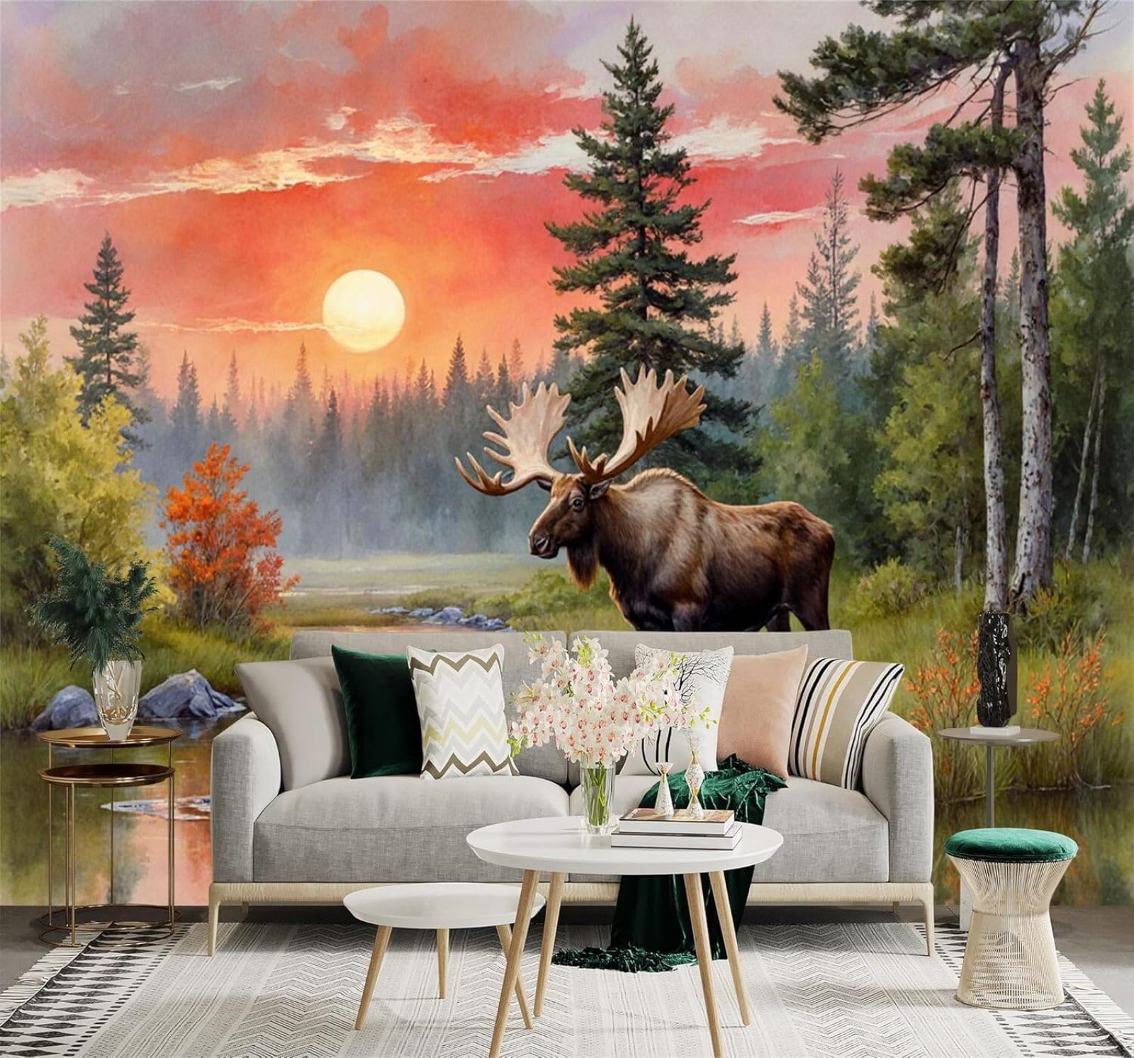XLMING Sunset Forest Riverside Moss Trees Reflections 3D Wallpaper Premium Textured Silk Study Dining Living Room Bedroom Sofa TV Wall Easy Install-350cm×256cm