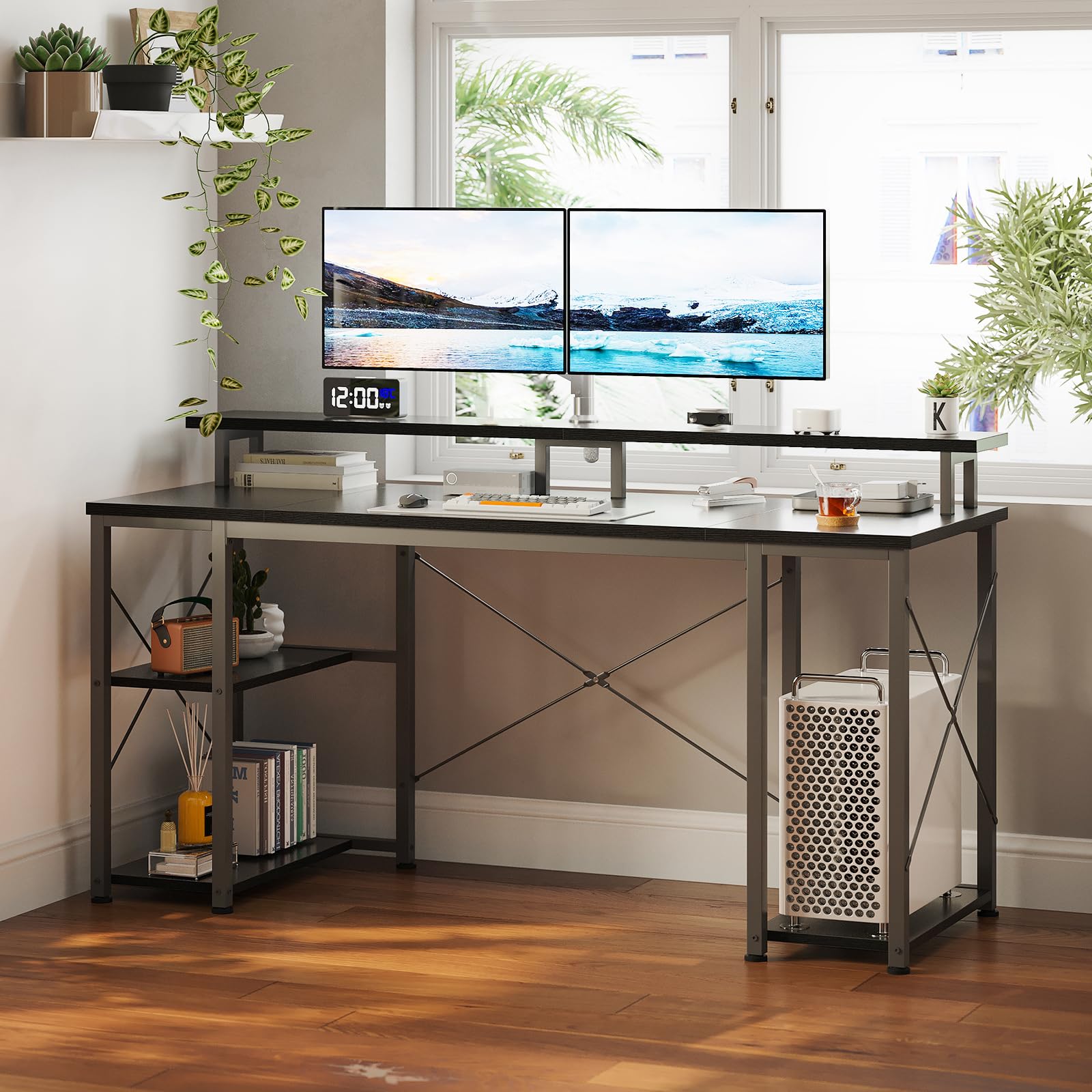 ODK Scrivania con Ripiano Reversibile, Scrivania Gaming con Supporto per Monitor e Ripiano di Stoccaggio, Scrivania Ufficio Tavolo per Computer per Ufficio, Camera da Letto (Nero, 120x50x86.5cm)