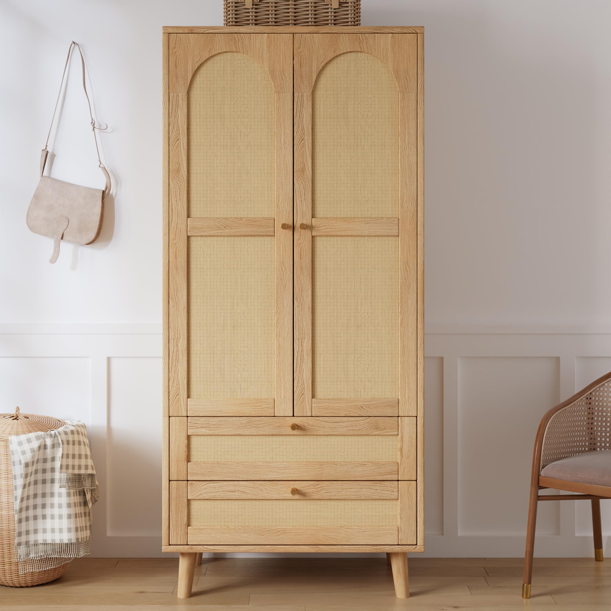 Armadio in legno naturale, armadio multiuso con design in rattan, asta appendiabiti, scaffali, armadio moderno per camera da letto, corridoio e spogliatoio, naturale