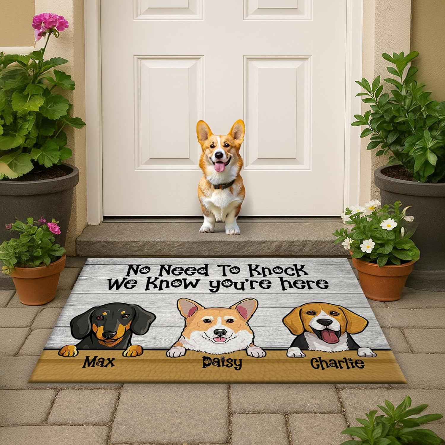 Personalized Welcome Doormat with Custom Dog Names – Cartoon Breed Illustrations – Durable Non-Slip Polyester Outdoor Rug Vibrant Fade-Resistant Colors – Ideal Housewarming Gift Indoor Sheltered Use
