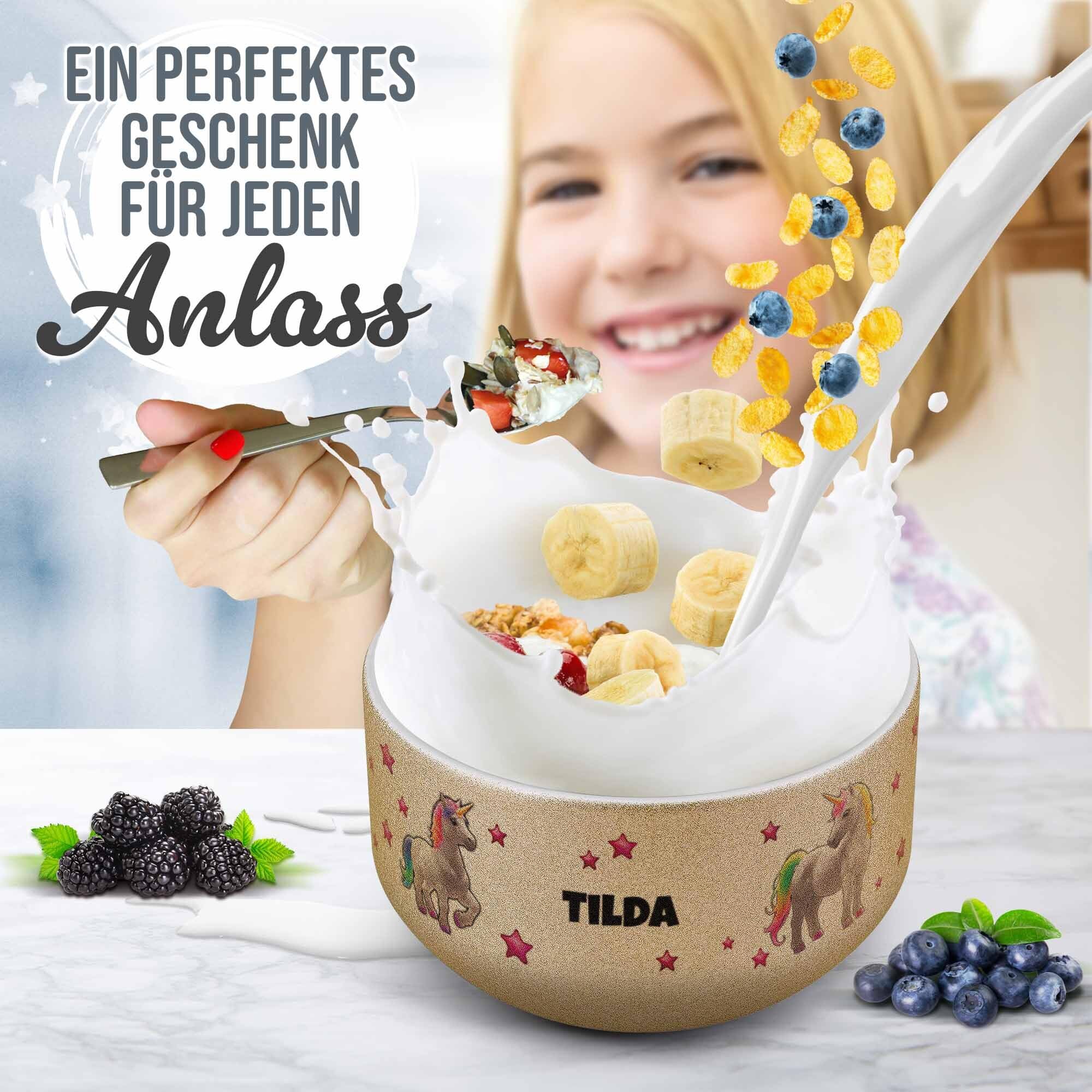 Print Royal PR Kinder-Müslischale mit Name personalisiert - Einhorn - Geschenk für Mädchen und Jungen, Kindertag, Weihnachten, Geburtstag - Keramik Schüssel Gold, 500 ml