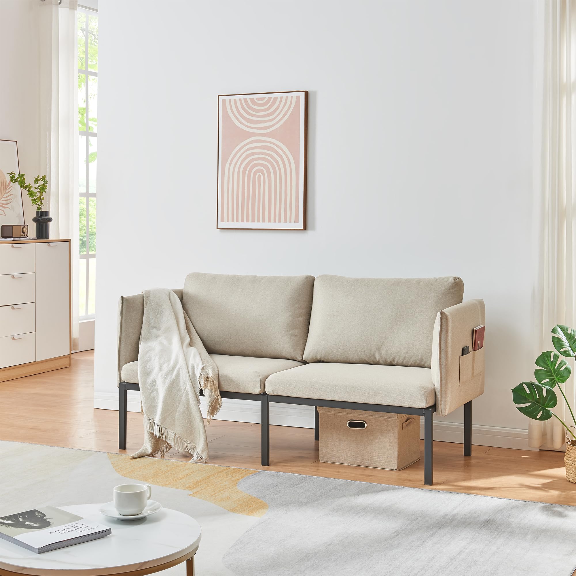 [en.casa] Divano a 2 Posti di Seduta Rivestito 2 Cuscini da Schienale e Braccioli con Tasche Integrate Sofa Imbottito a Telaio in Metallo per Salotto Soggiorno - Beige