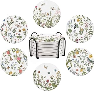 Cute Coasters for Drinks, Vintage Flora Coasters Set of 6, Plant Flowers Round Absorbent Ceramic Stone Coaster with Cork Base, Vintage Outdoor Coster Modern Cool Floral Tea Cup Boho Coaster, 4 inches