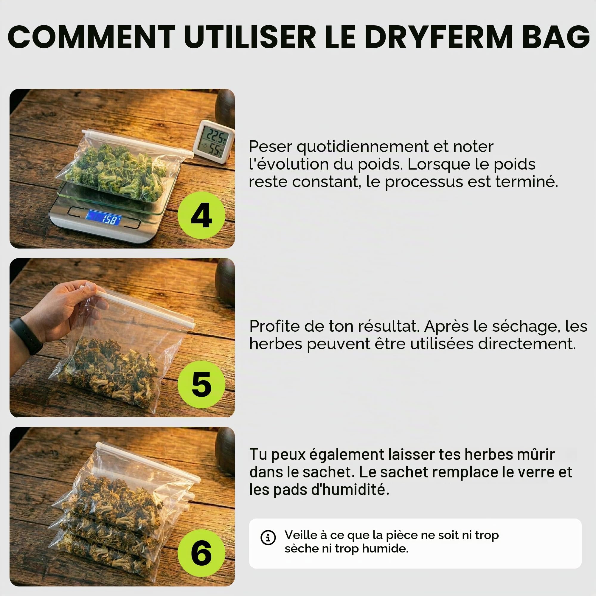 Dschinni DryFerm Curing Bags Lot de 3 sacs de séchage (30 x 50 cm) avec film Weedmaster – 55 % RLF pour herbes et fleurs, protection contre l'oxydation | Sacs étanches de qualité supérieure avec film de protection UV