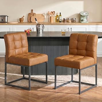 GrandNoor Brown Faux Leather Dining Chairs Set of 2, Mid-Century Modern Dining Room Chairs with Armless, Checkered Kitchen Chair with Metal Legs