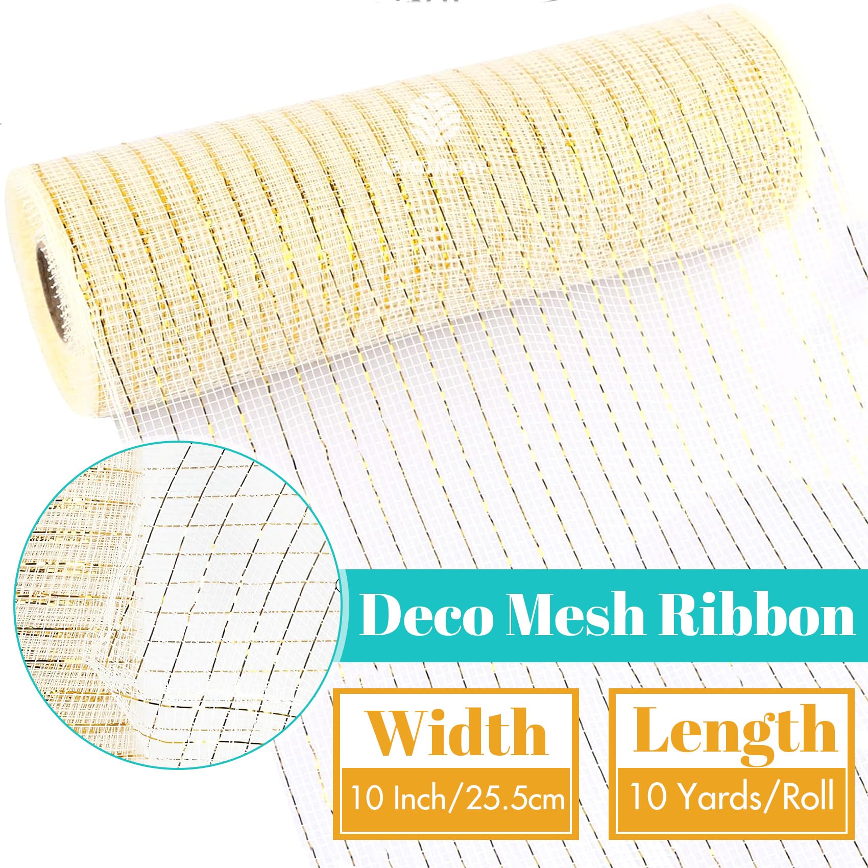 Ruban décoratif en maille métallique ivoire et doré – 25,4 cm x 9,1 m pour couronnes, travaux manuels, Noël et Halloween – Maille décorative scintillante pour loisirs créatifs, emballage cadeau et